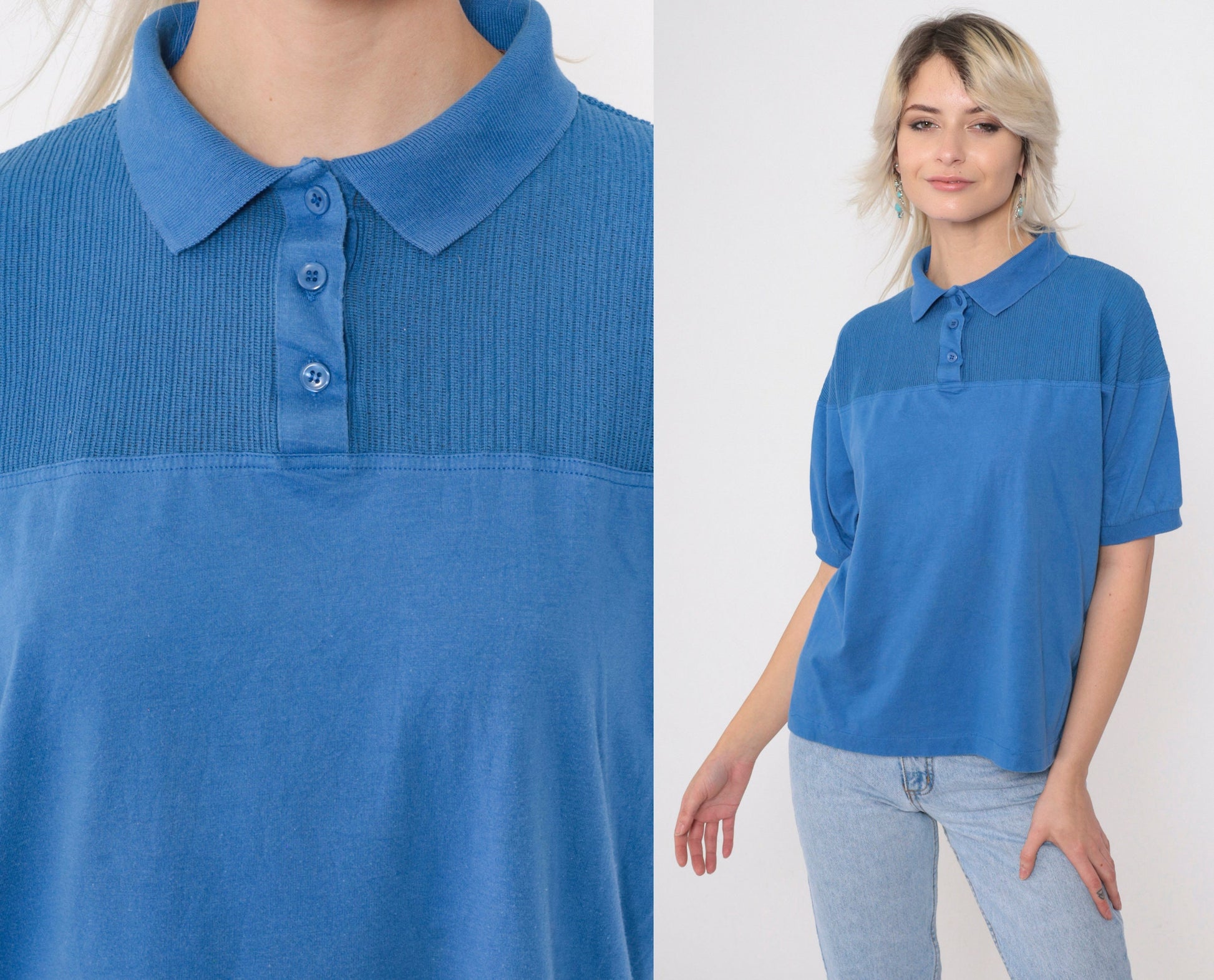 90s Blue Polo Shirt Cotton Blend Collared Short Sleeve Large