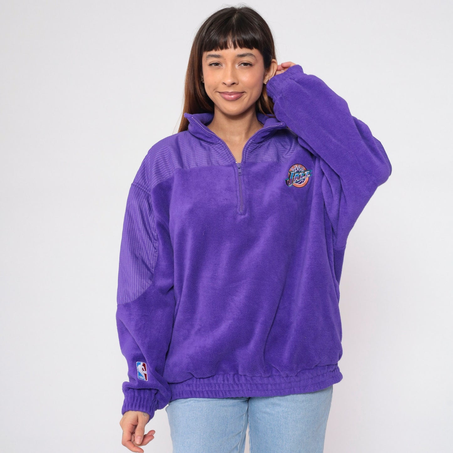 90s Utah Jazz Quarter Zip Fleece Sweatshirt Purple NBA Logo Men's XL