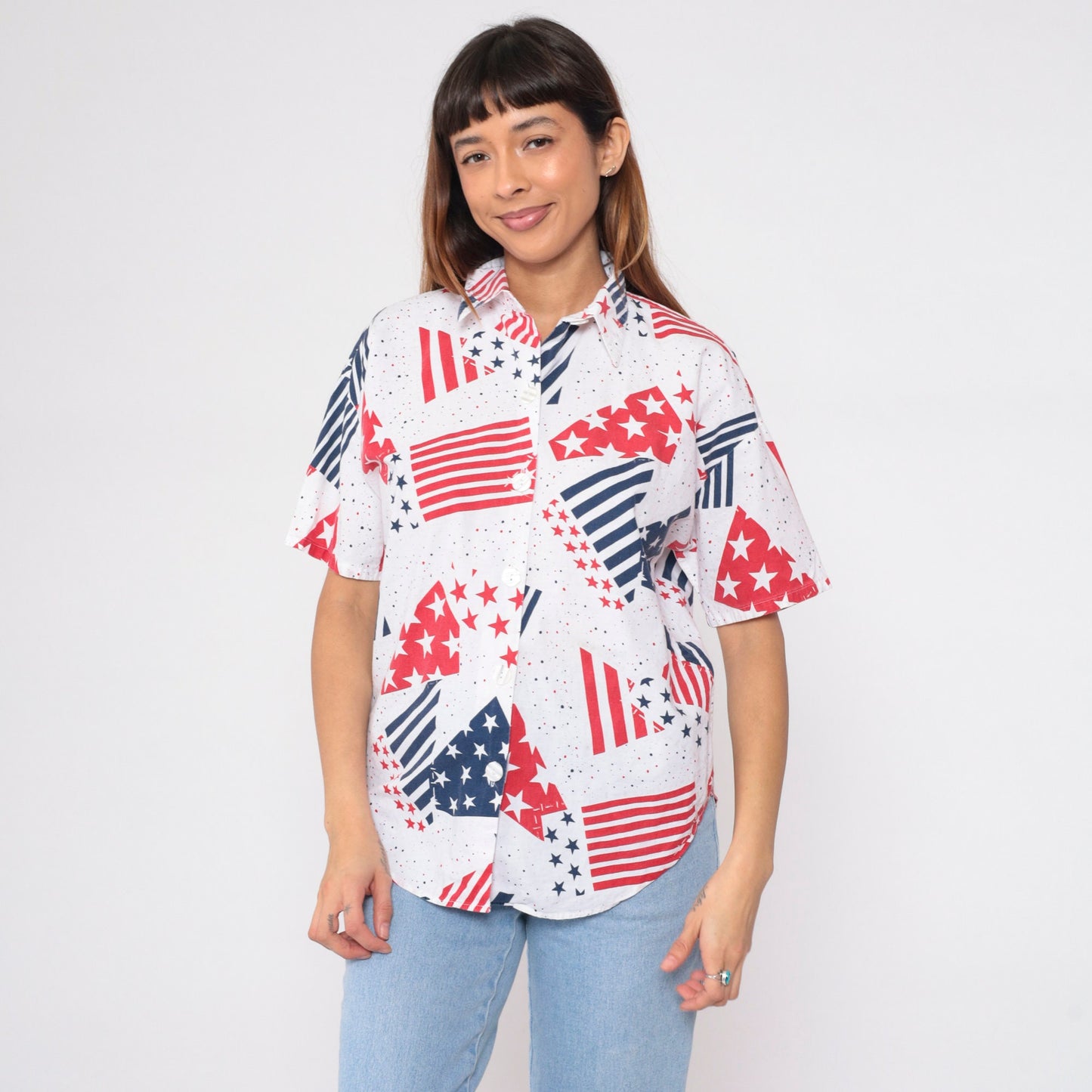 90s Stars and Stripes Button-Up Blouse Red White Blue American Flag Large L