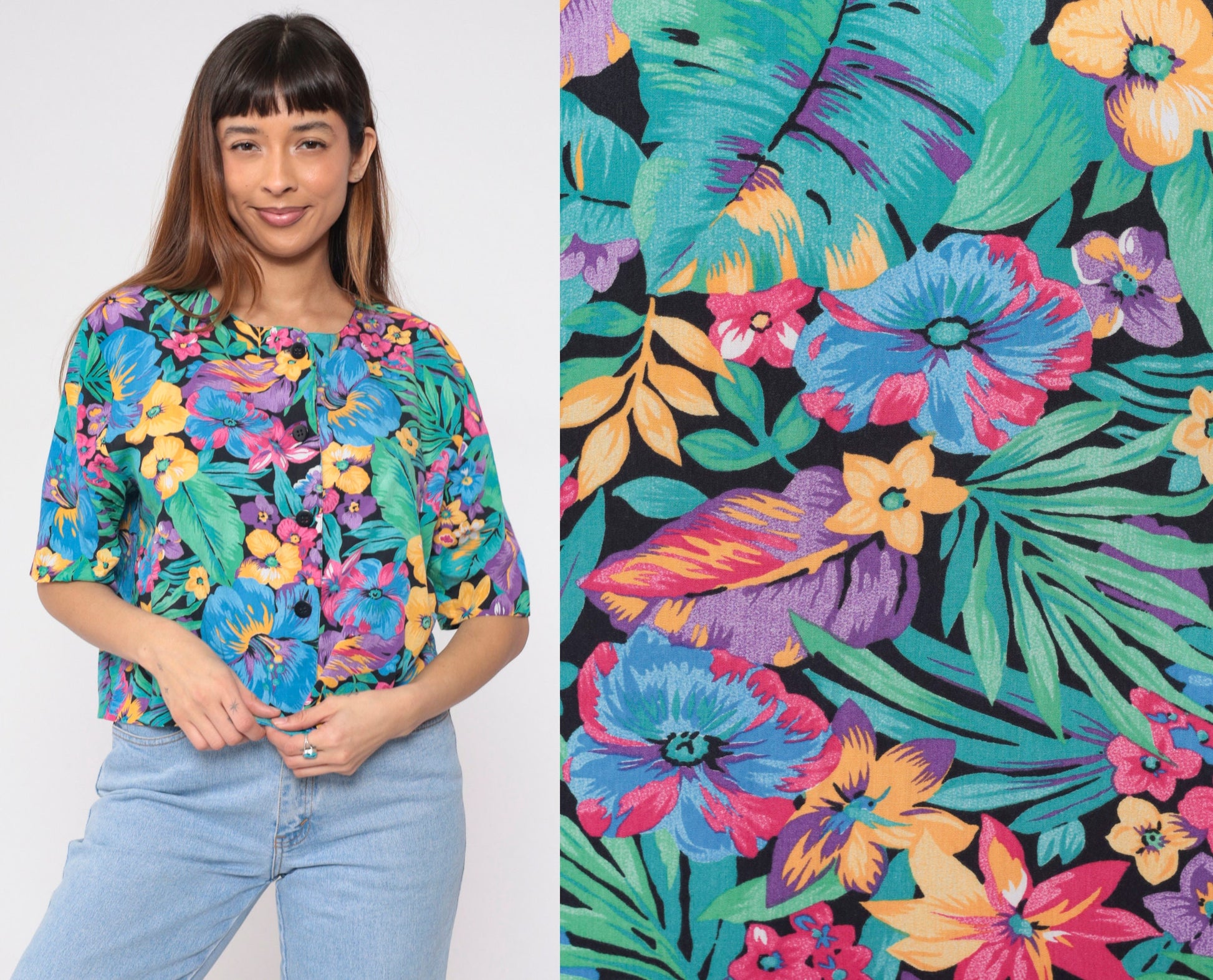 90s Black Tropical Floral Crop Top Button-Up Blouse Short Sleeve Large L