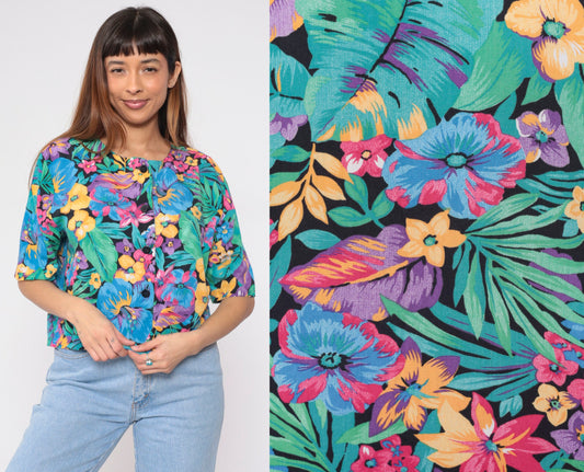 90s Black Tropical Floral Crop Top Button-Up Blouse Short Sleeve Large L
