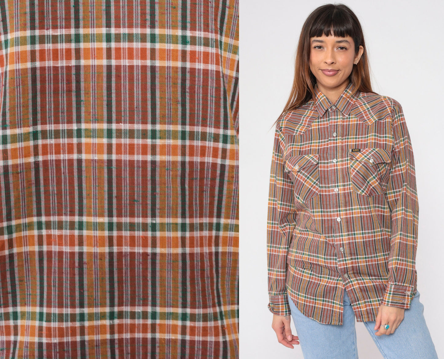 90s Lee Plaid Western Button-Up Shirt Long Sleeve Checkered Yoke Medium M