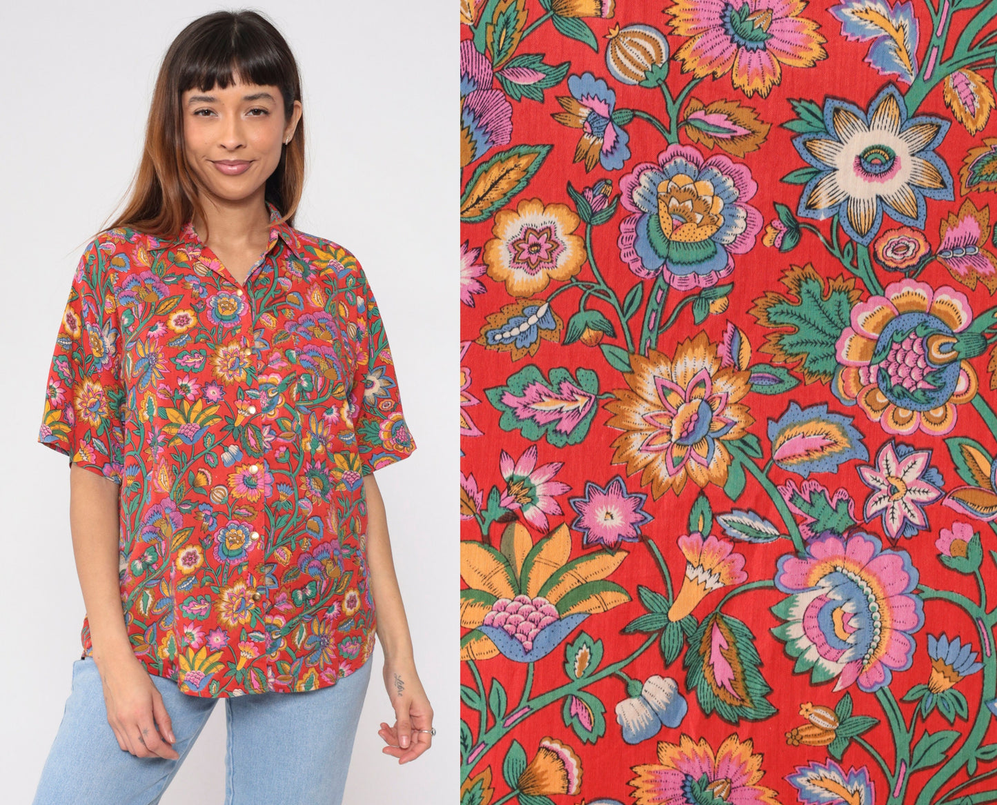 90s Indian Floral Red Button-Up Blouse Short Sleeve Cotton Rayon Medium M