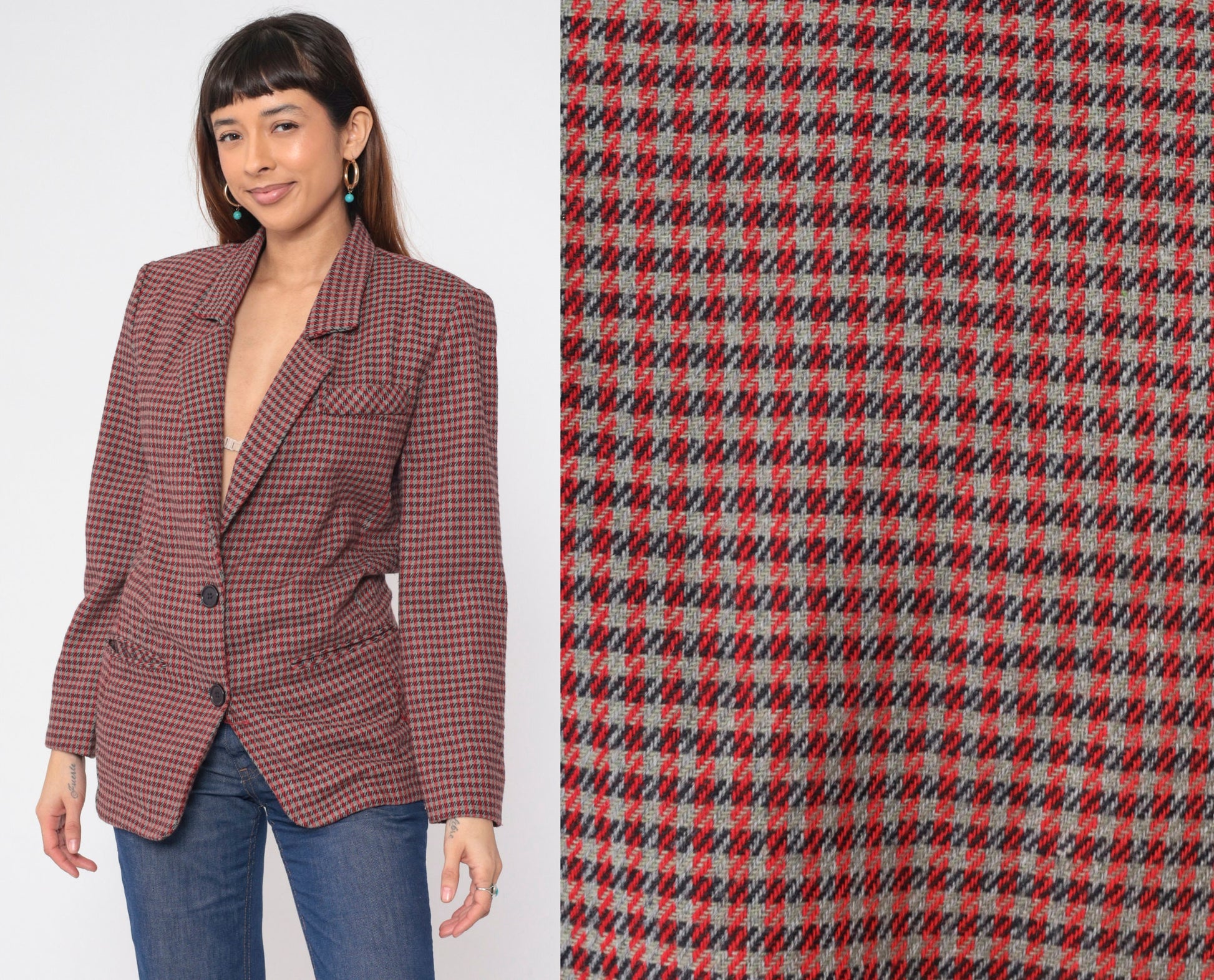 90s Rampage Plaid Blazer Red Grey Checkered Wool Blend Small