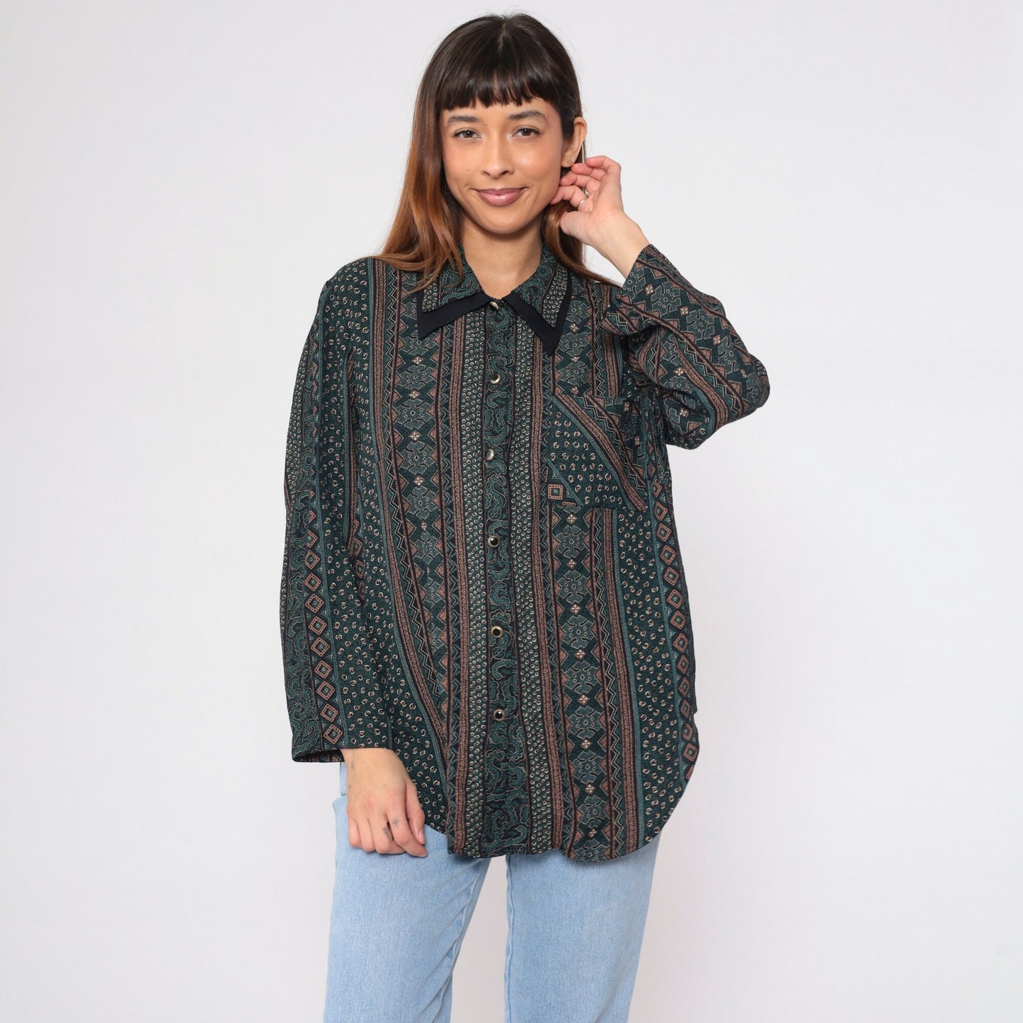 90s Striped Abstract Print Button-Up Blouse Layered Collar Long Sleeve Plus Size XXL