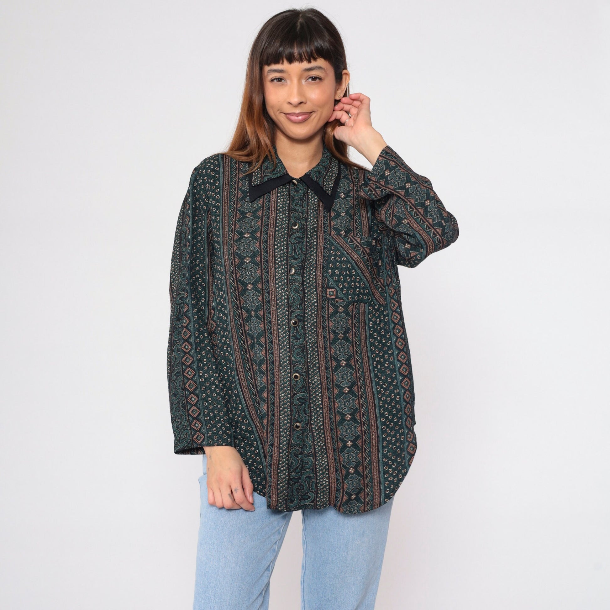 90s Striped Abstract Print Button-Up Blouse Layered Collar Long Sleeve Plus Size XXL