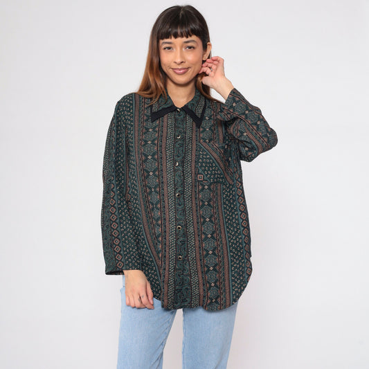90s Striped Abstract Print Button-Up Blouse Layered Collar Long Sleeve Plus Size XXL