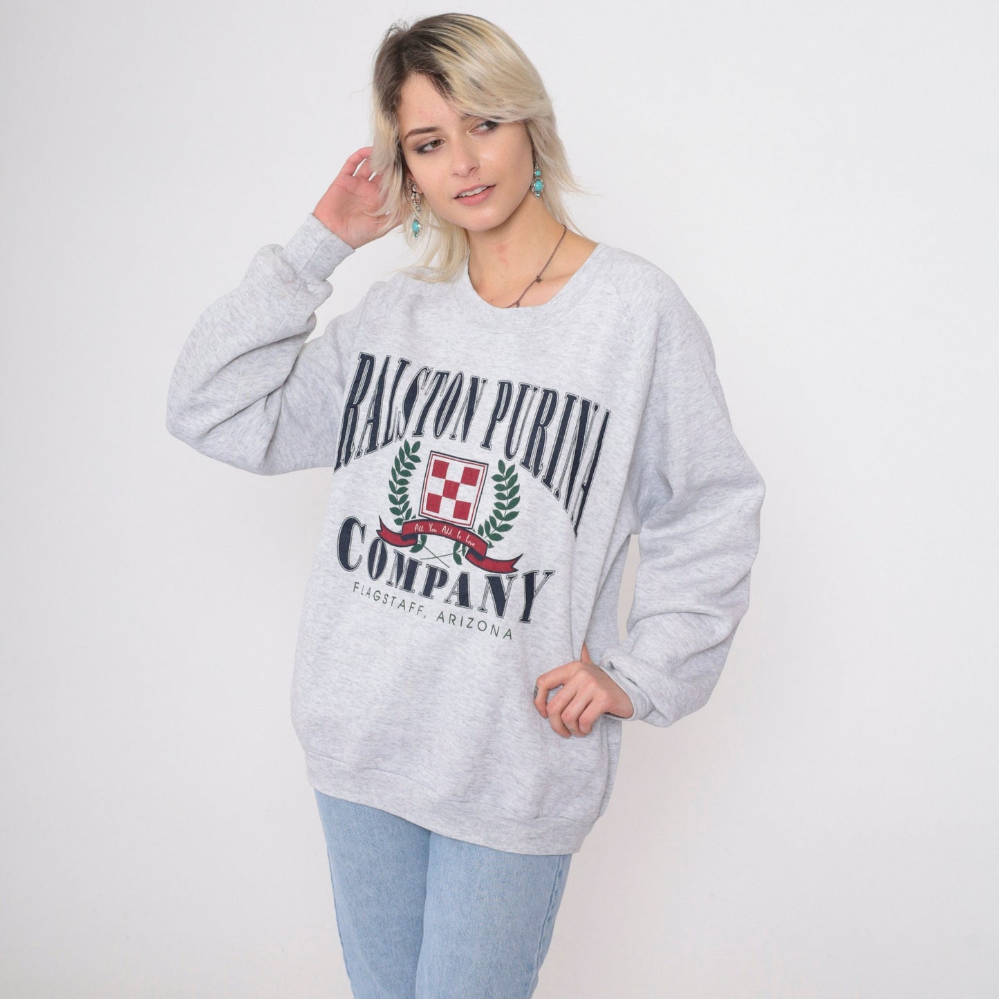 90s Ralston Purina Flagstaff Arizona Logo Sweatshirt Heather Grey Raglan Extra Large XXL