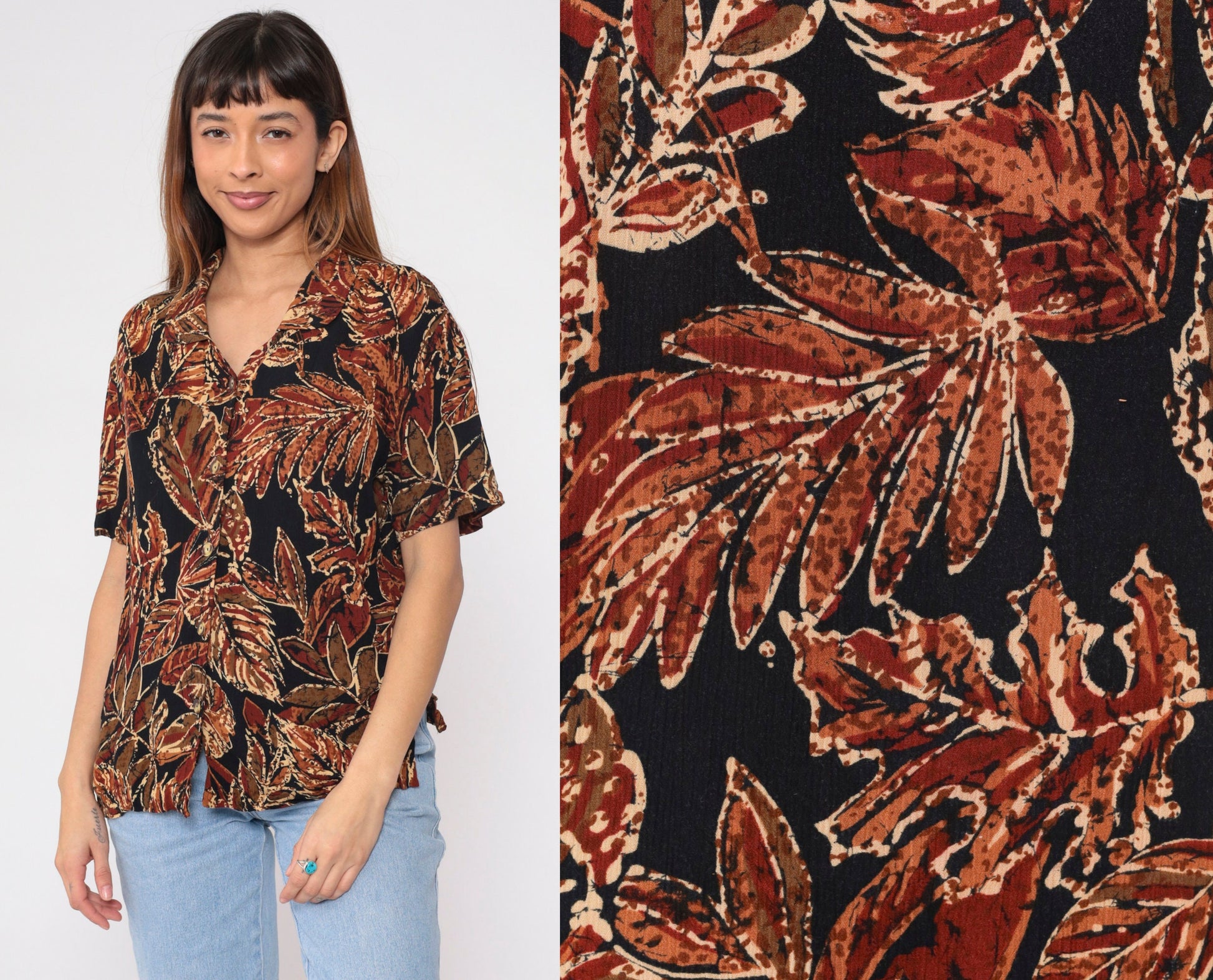 90s Tropical Leaf Button-Up Blouse Black Botanical Print Short Sleeve Medium