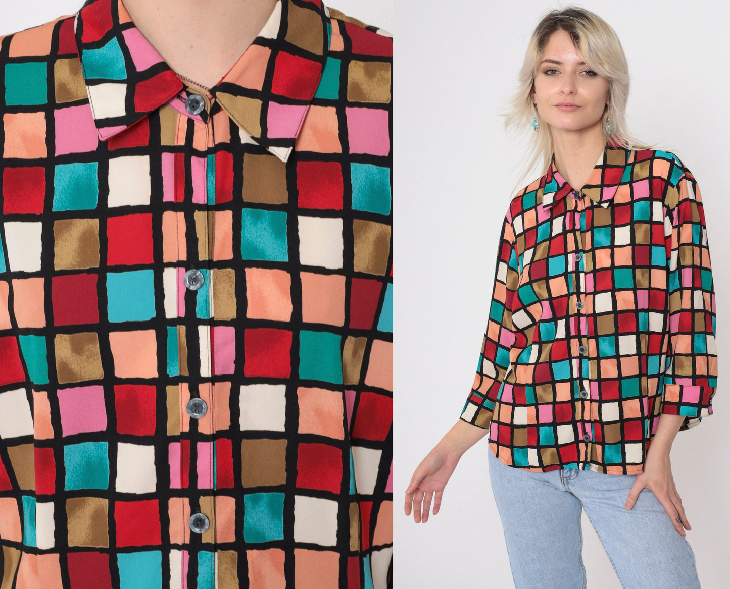 90s Checkered Button-Up Blouse 3/4 Sleeve Red Pink Turquoise Preppy Extra Large