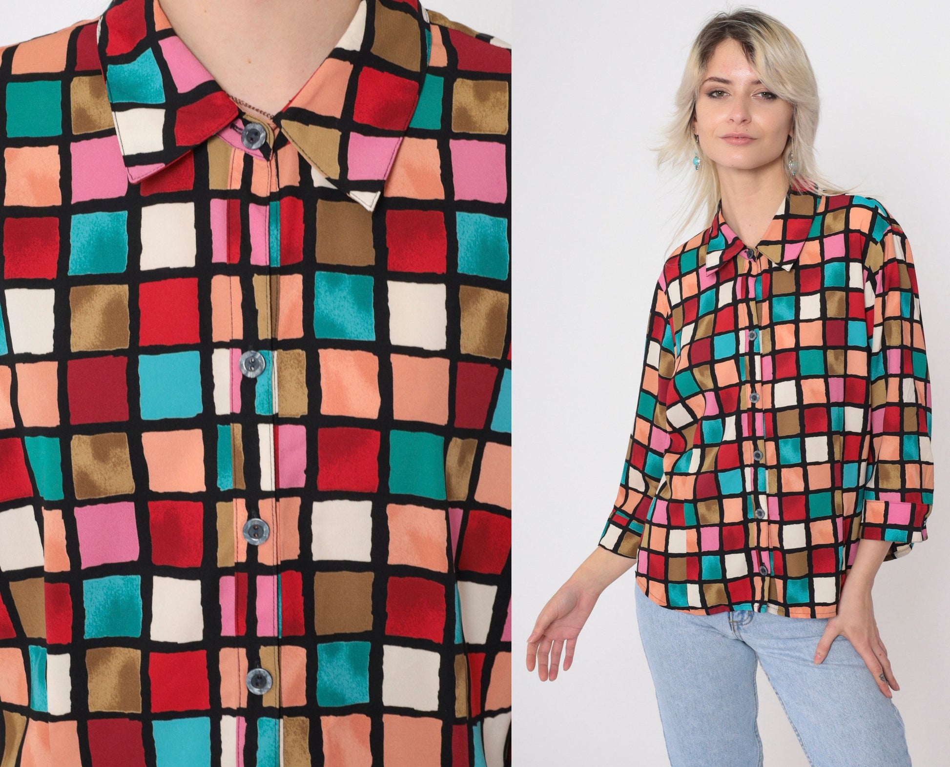 90s Checkered Button-Up Blouse 3/4 Sleeve Red Pink Turquoise Preppy Extra Large