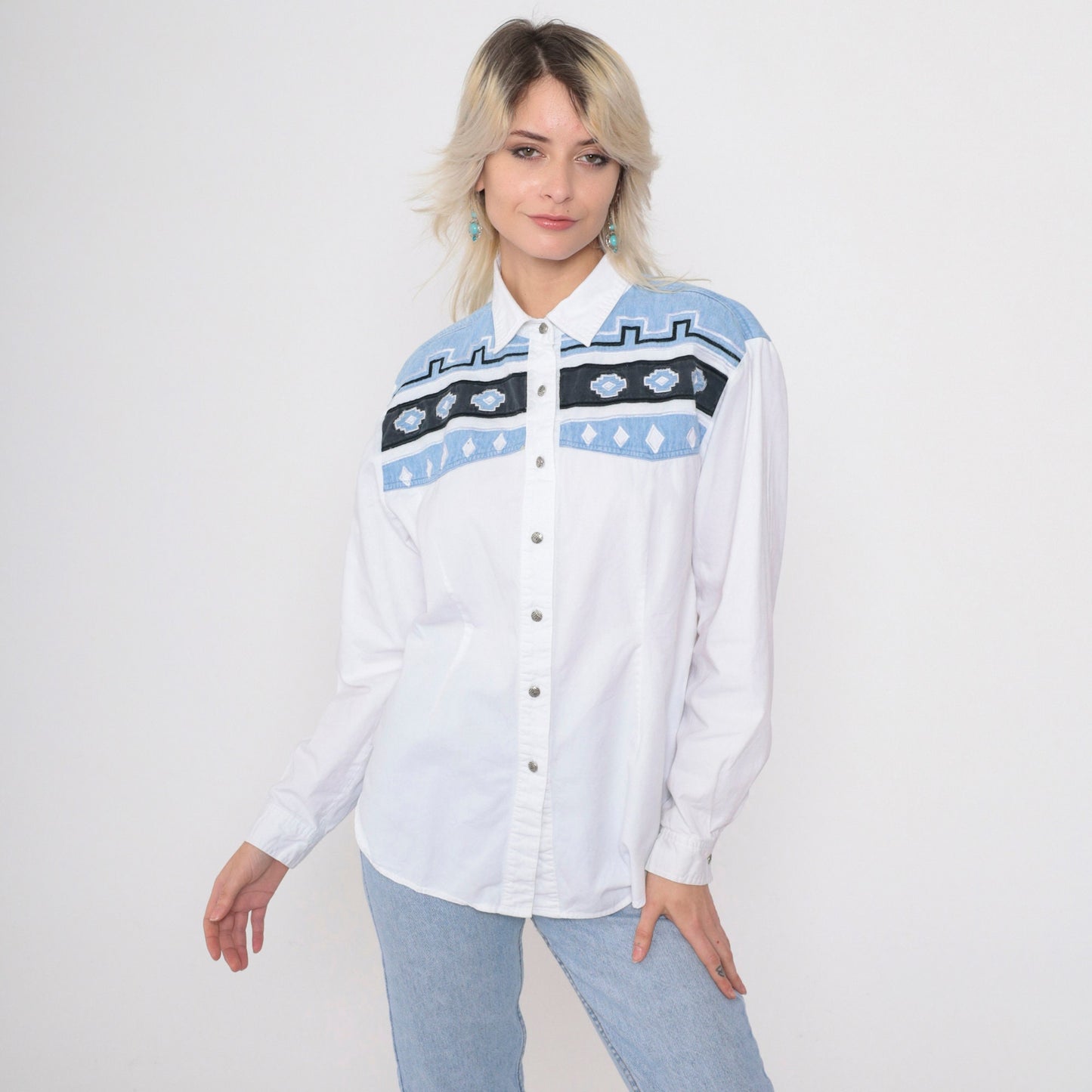 90s Adobe Rose Southwestern Embroidered Button Up Blouse White Cotton Large L