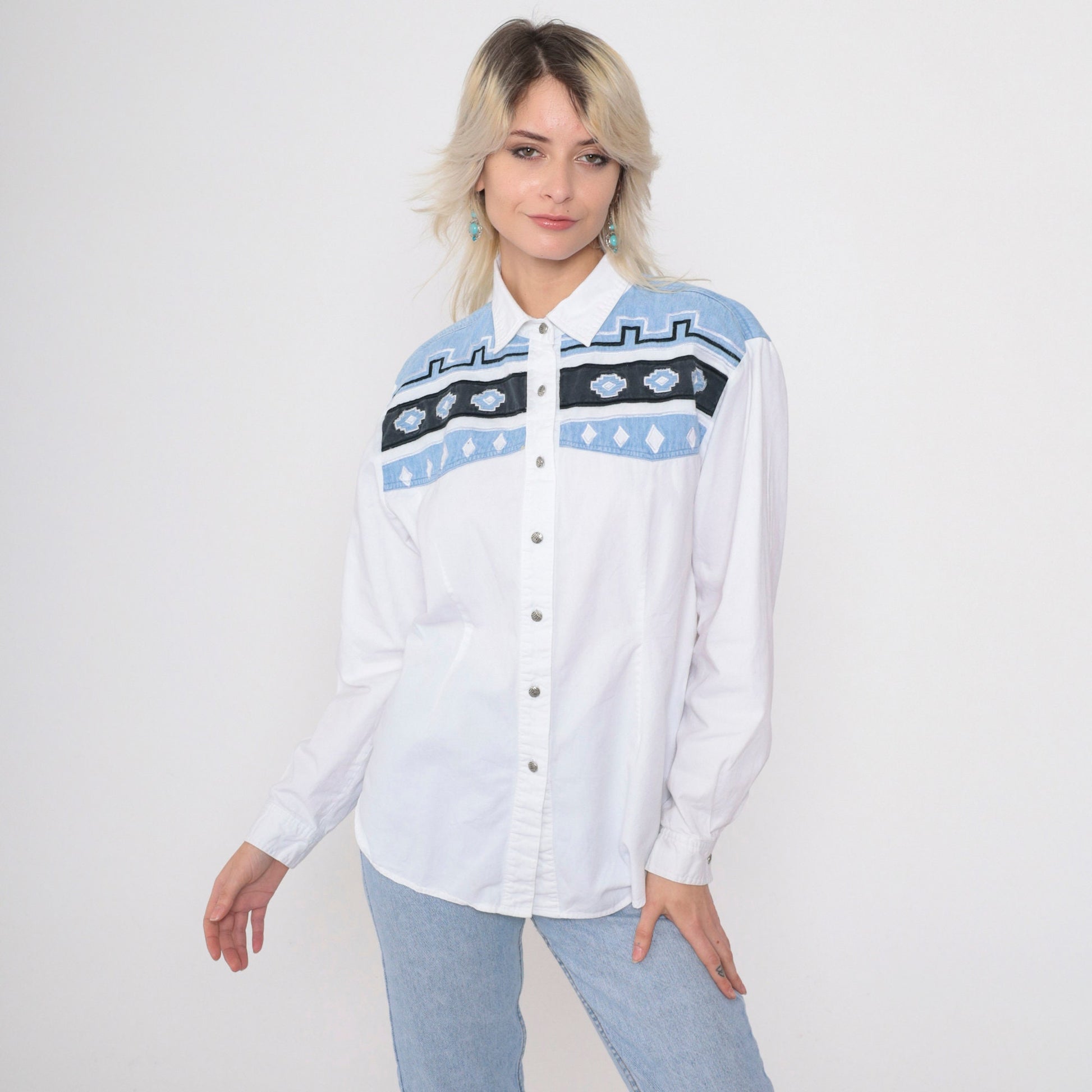 90s Adobe Rose Southwestern Embroidered Button Up Blouse White Cotton Large L
