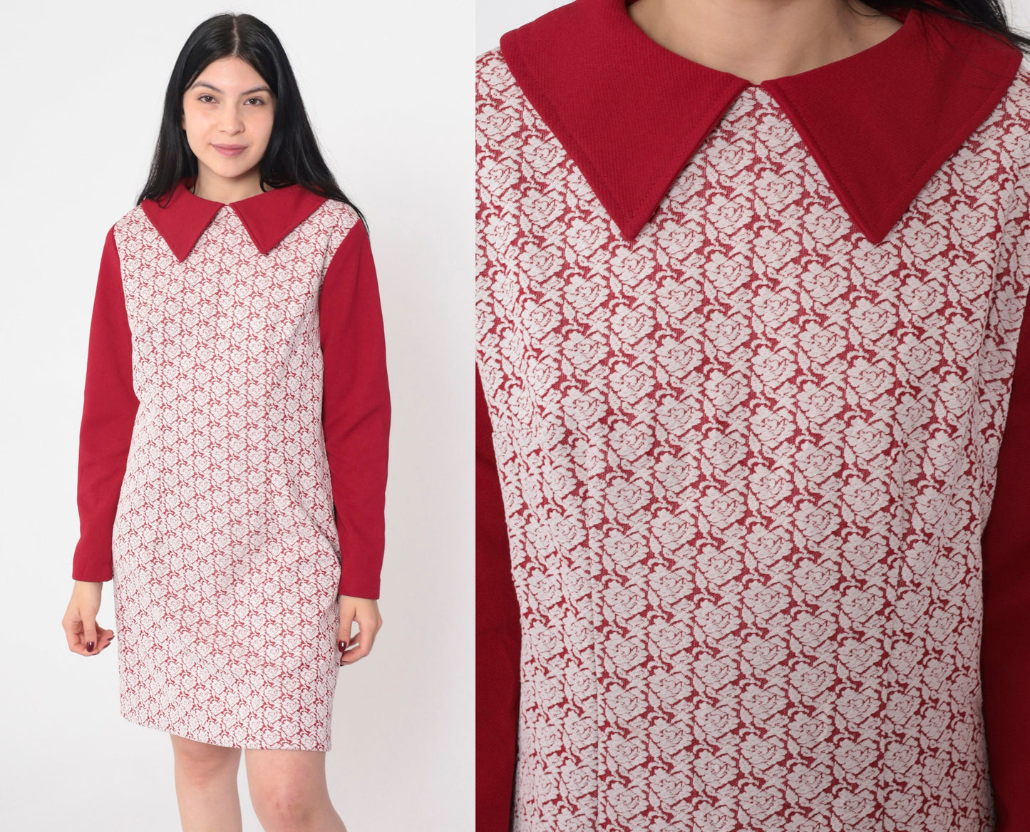 70s Red Heart Floral Mini Dress Collared Long Sleeve Shift Medium M