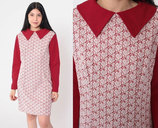 70s Red Heart Floral Mini Dress Collared Long Sleeve Shift Medium M