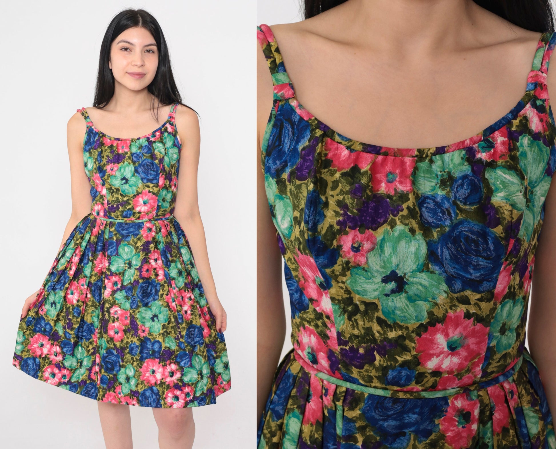 60s Floral Mini Dress High Waist Sleeveless Full Skirt Cocktail XXS