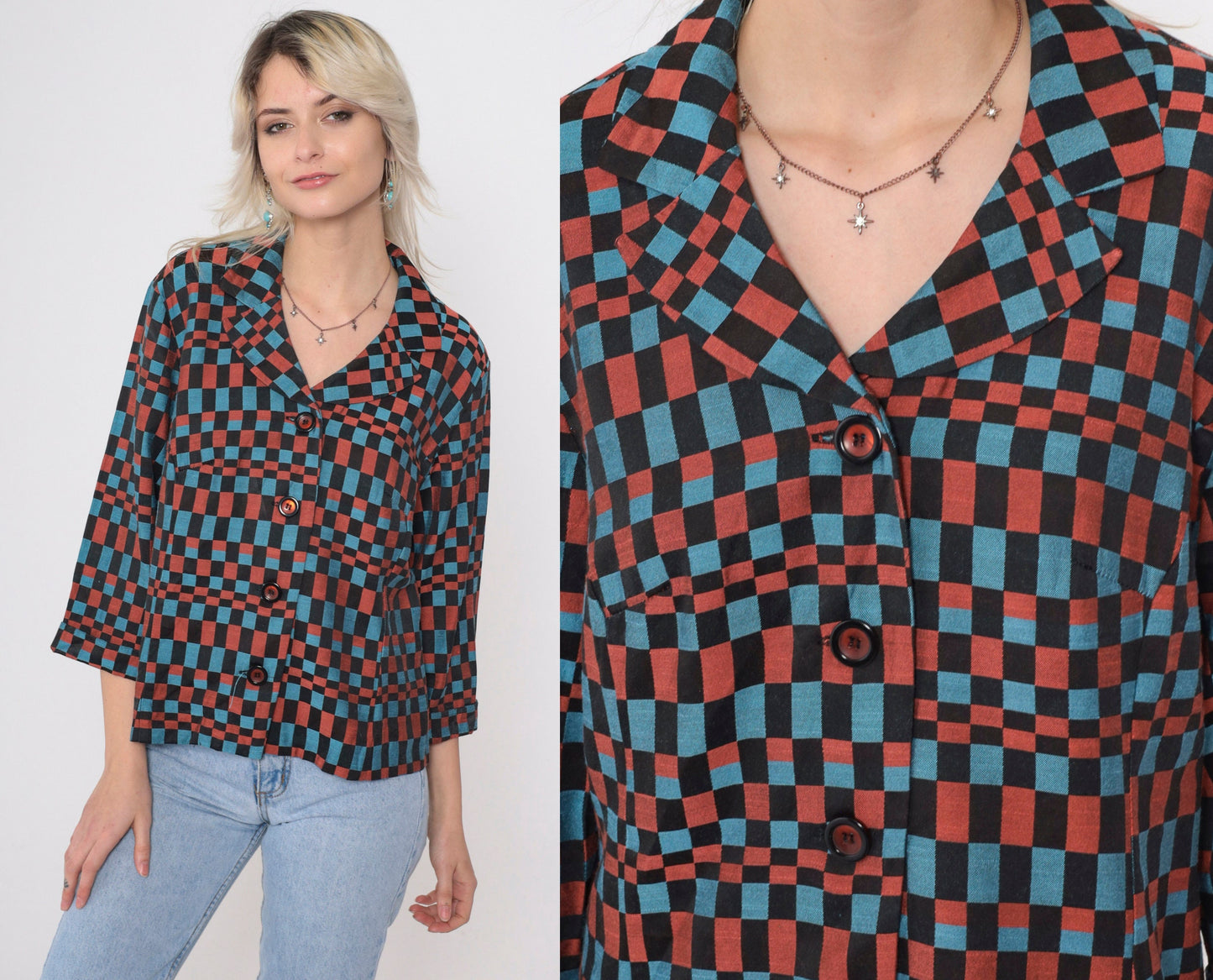 90s Checkered Blazer Black Blue Burnt Orange Op Art Print Medium