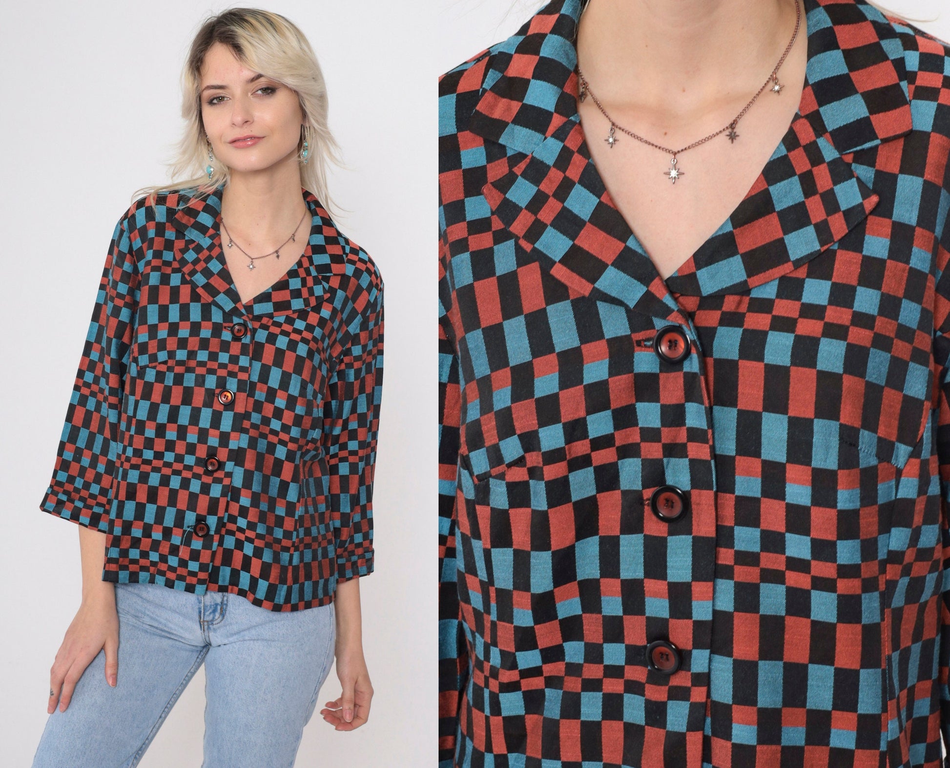 90s Checkered Blazer Black Blue Burnt Orange Op Art Print Medium