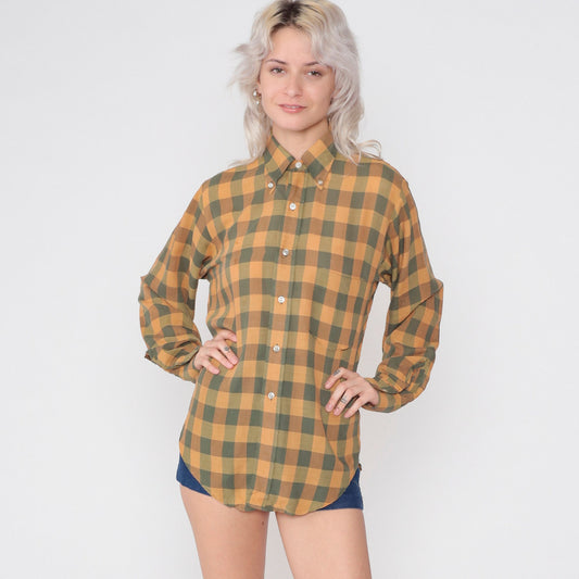 70s Buffalo Plaid Button-Up Shirt Orange Grey Collared Long Sleeve Men's Small