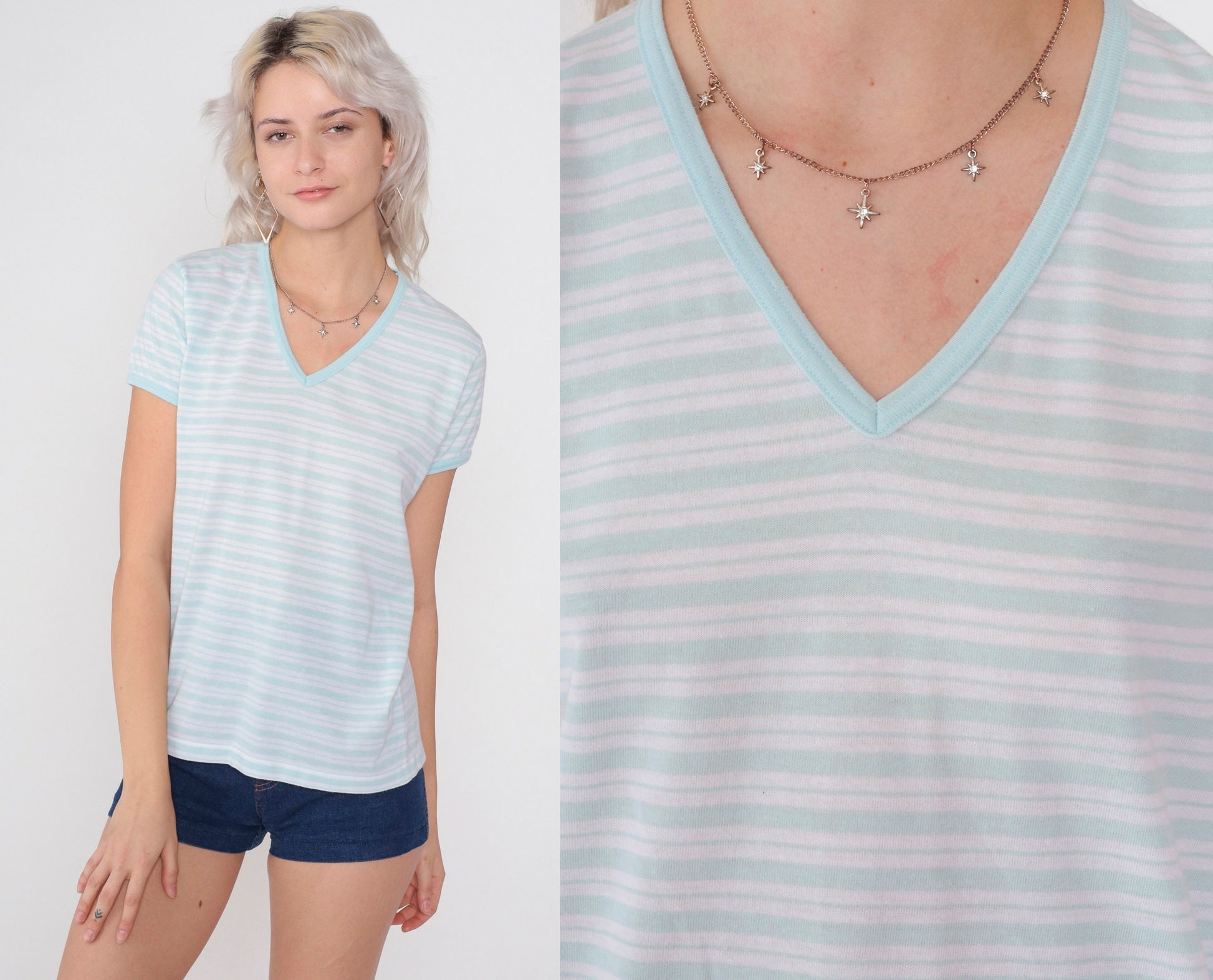80s Striped V-Neck T-Shirt Baby Blue White Cotton Ringer Tee Medium