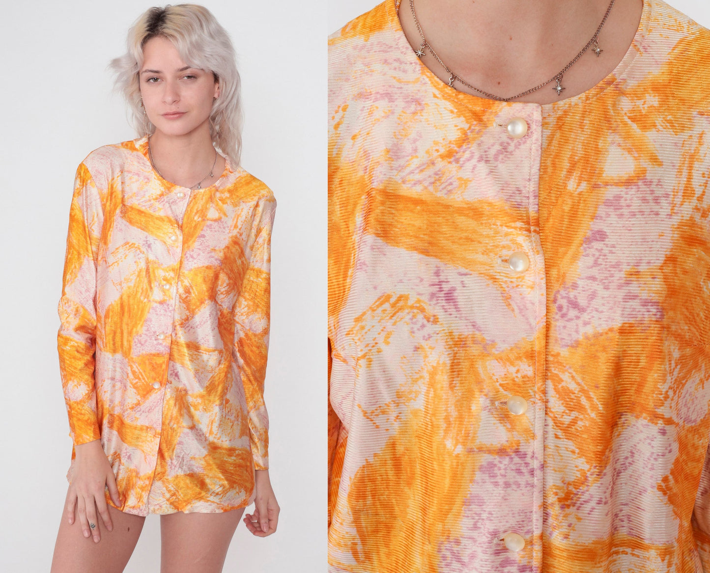 70s Abstract Brushstroke Print Blouse Long Sleeve Button Up Orange Purple Medium
