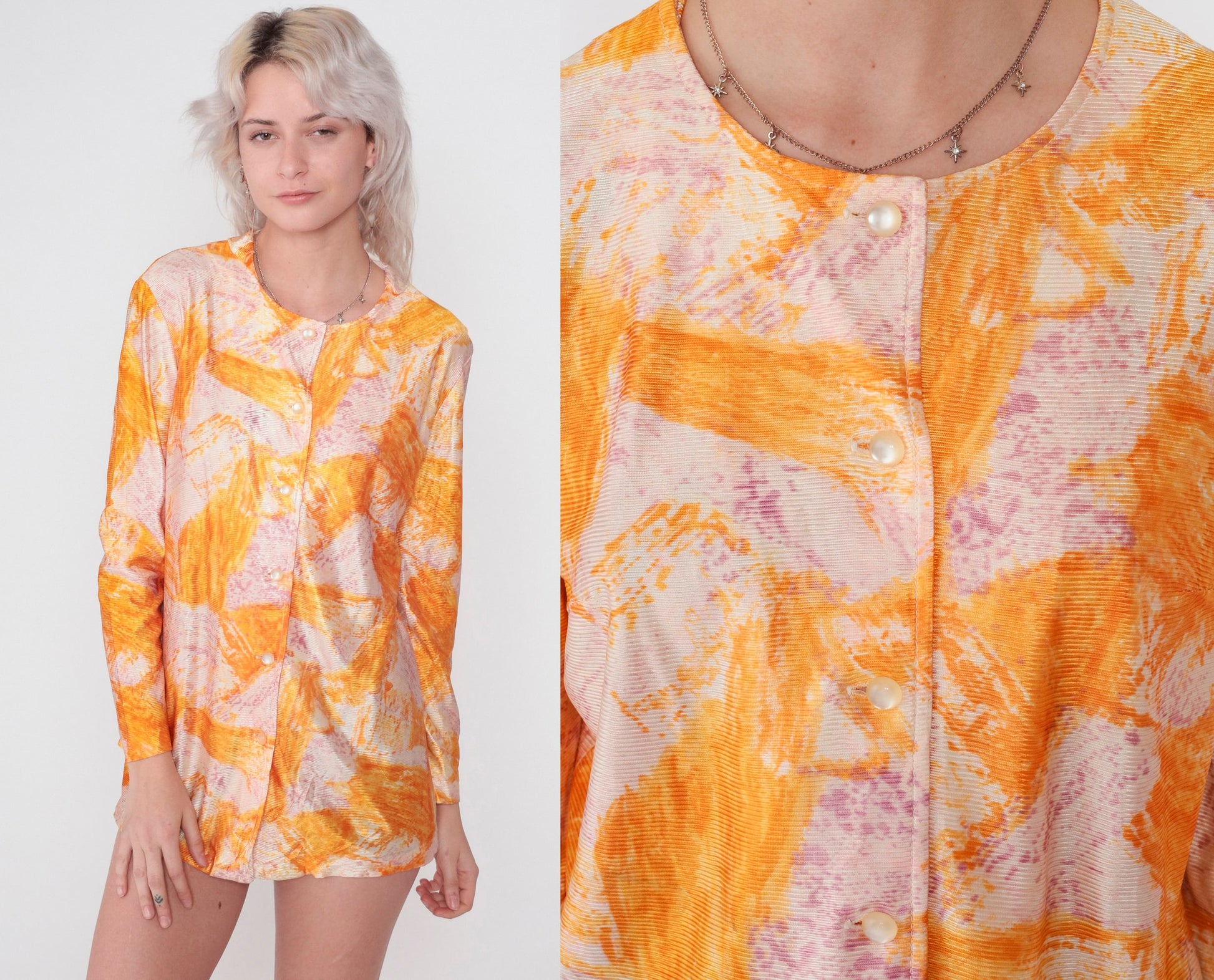 70s Abstract Brushstroke Print Blouse Long Sleeve Button Up Orange Purple Medium