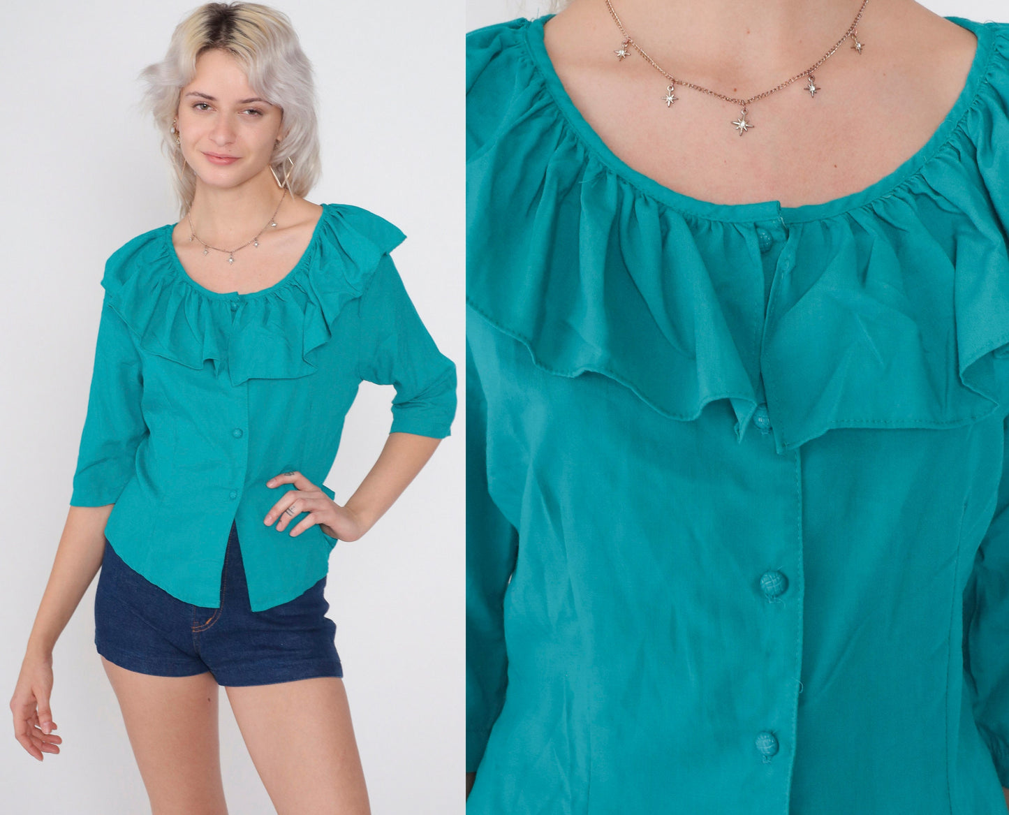 80s Teal Ruffled Neckline Button-Up Blouse 3/4 Sleeve Medium
