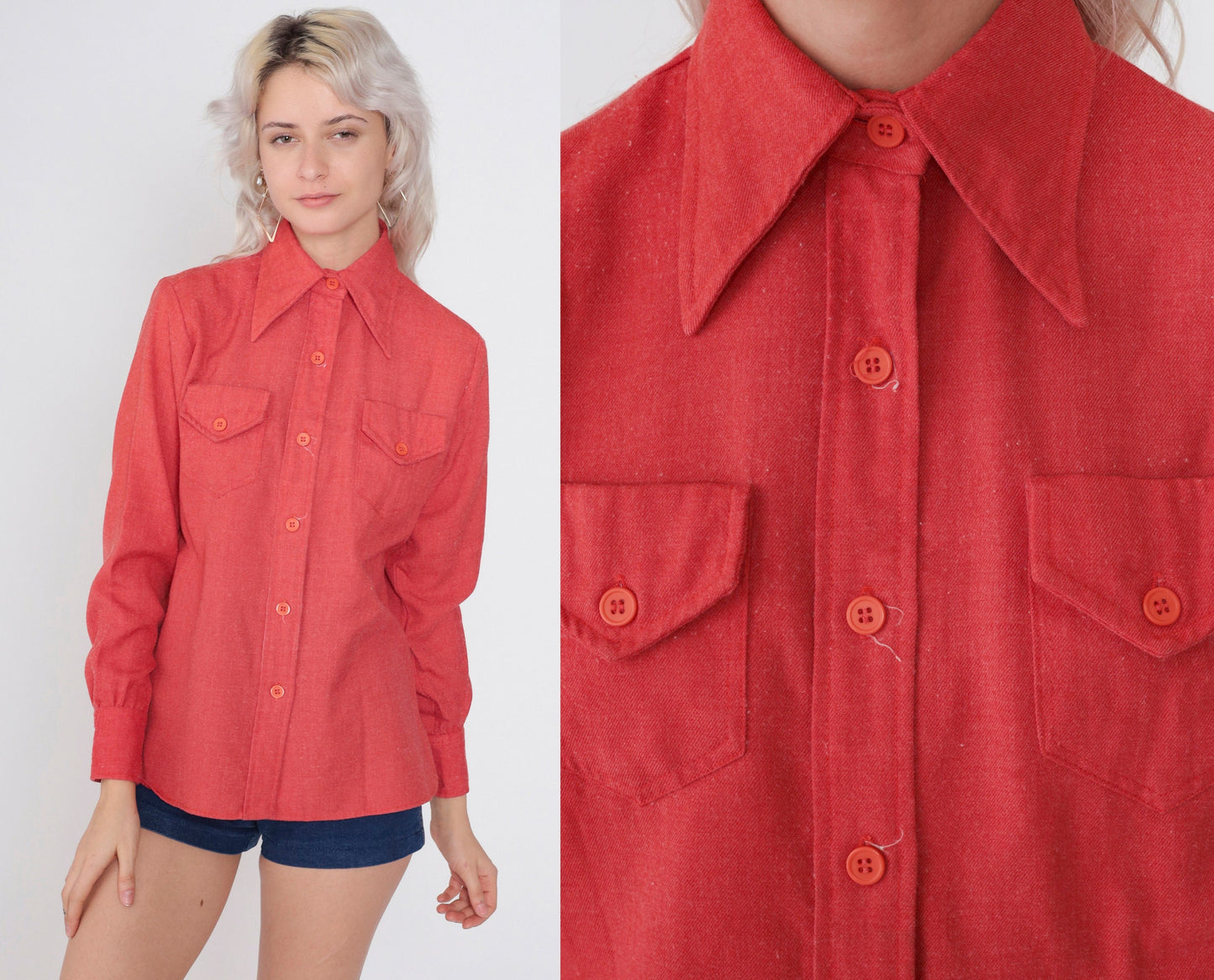 70s Lady Manhattan Red Button-Up Blouse Dagger Collar Long Sleeve Medium