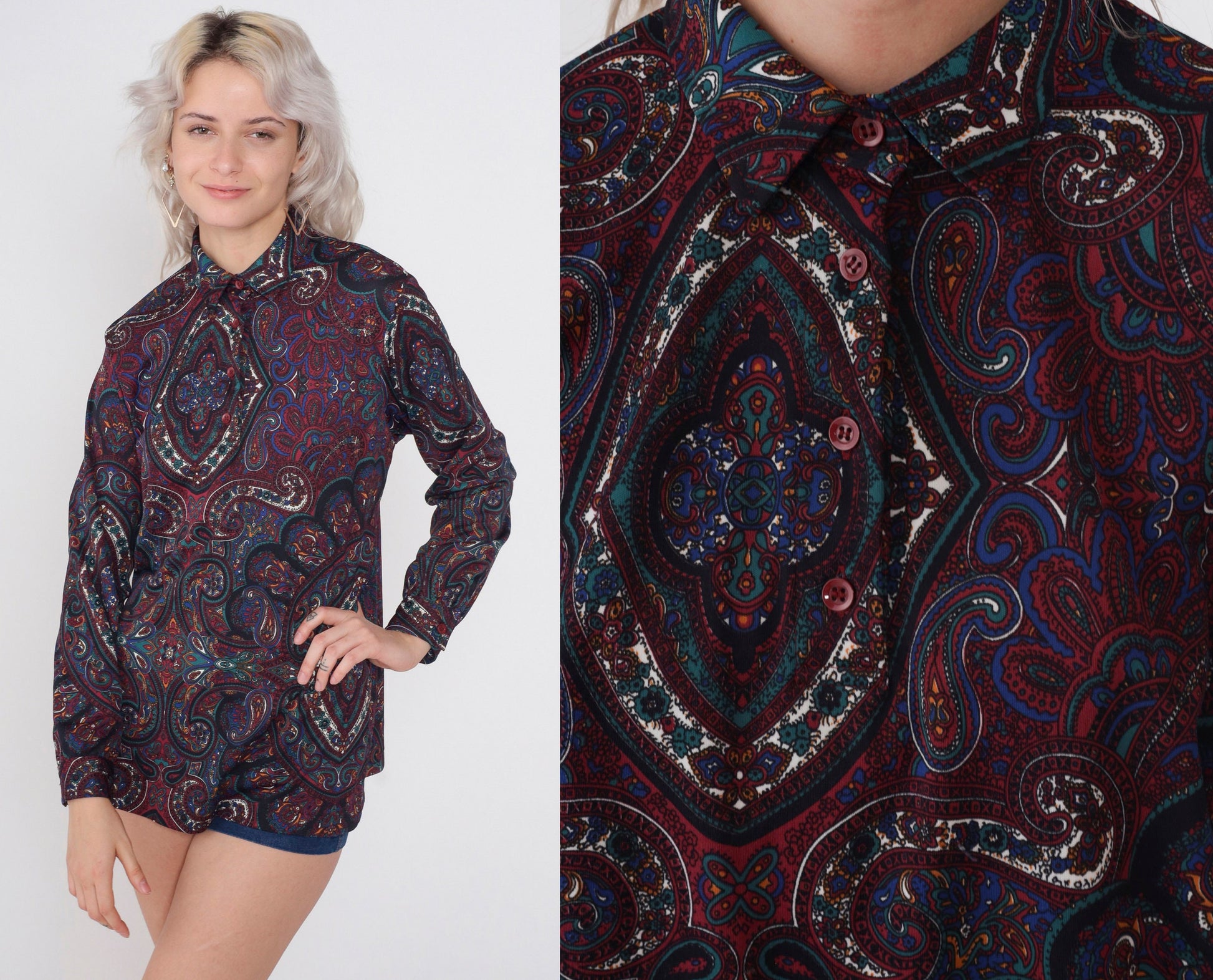 70s Paisley Floral Print Shirt Long Sleeve Button Up Disco Blouse Medium Large