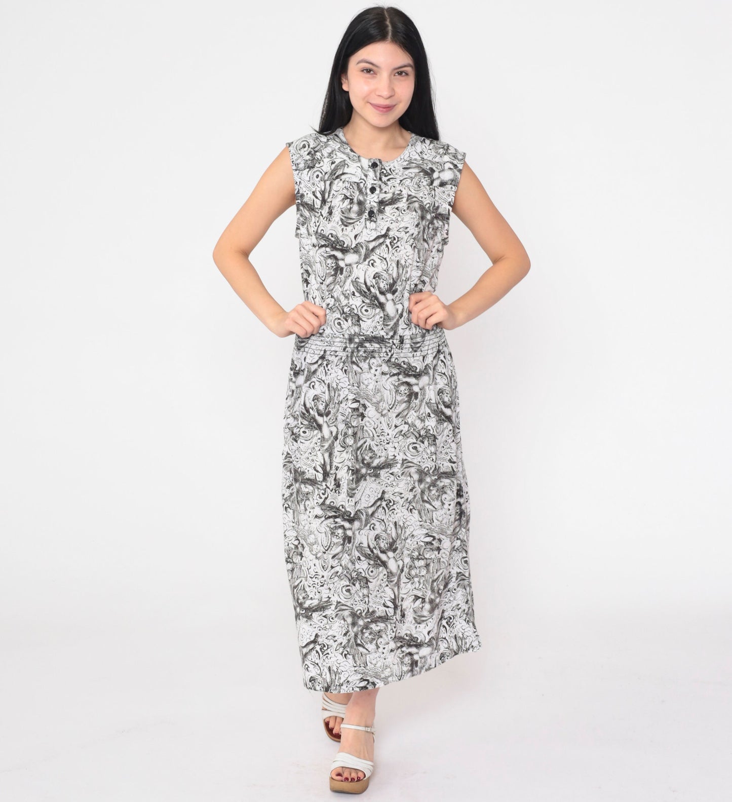 90s Black and White Cherub Print Midi Dress Sleeveless Button Front Small S