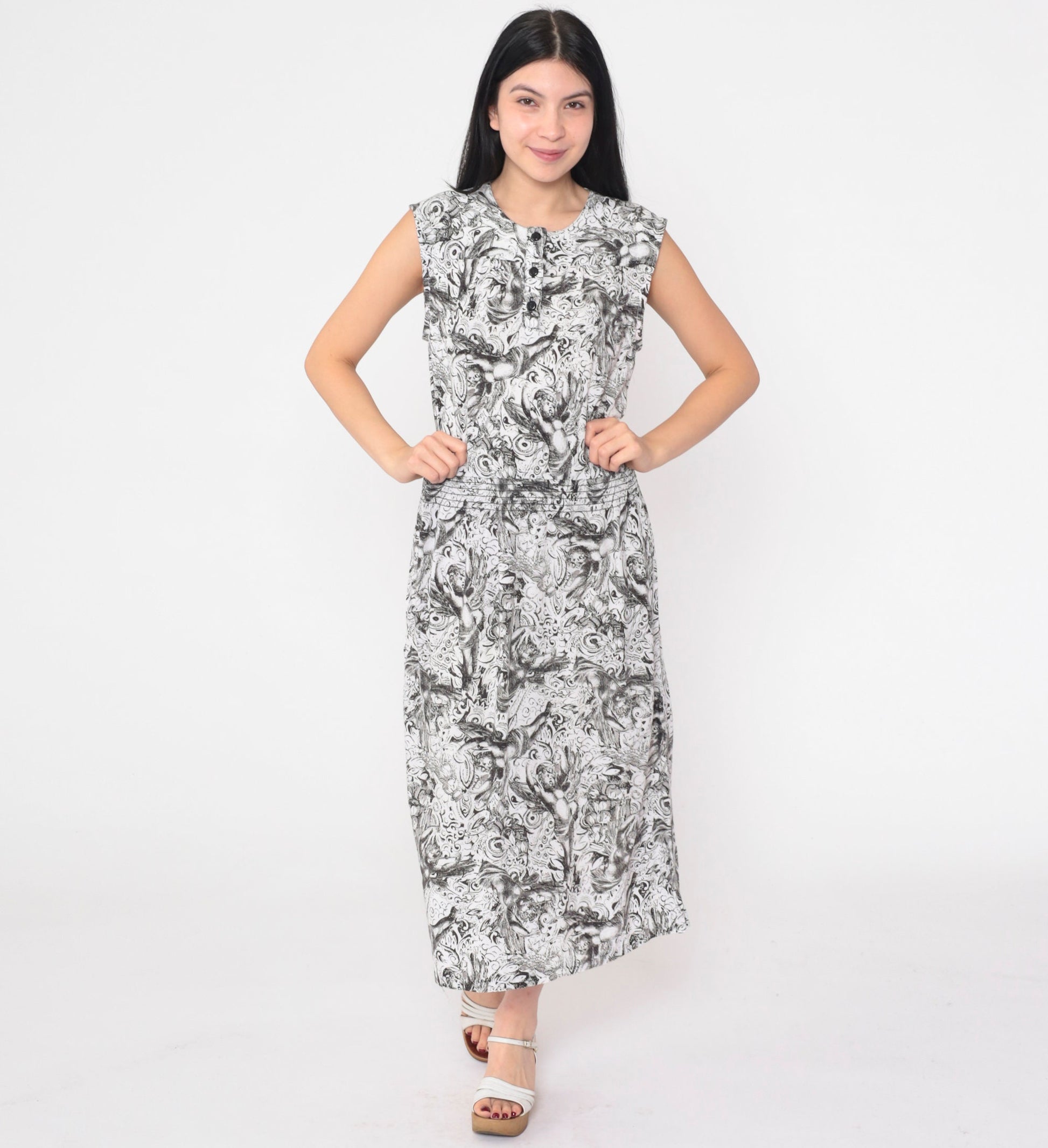90s Black and White Cherub Print Midi Dress Sleeveless Button Front Small S