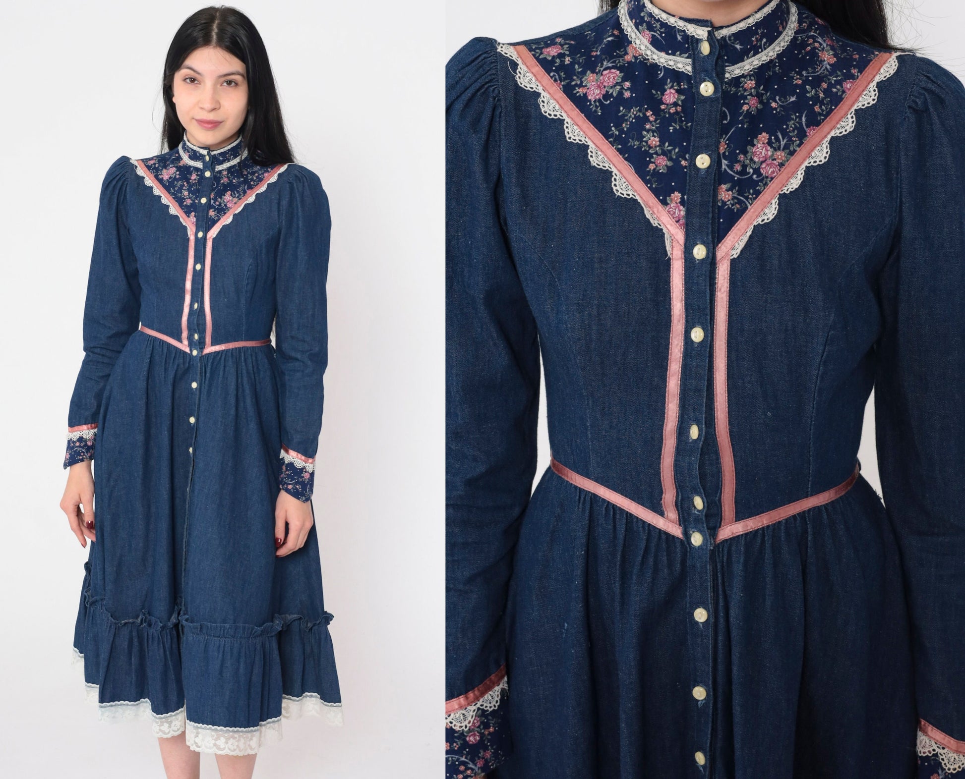 70s Gunne Sax Prairie Dress Blue Denim Calico Floral Puff Sleeve Midi XXS