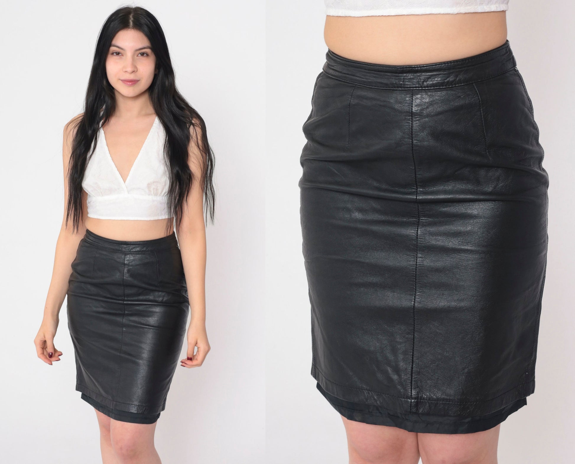 80s Bermans Black Leather Mini Skirt High Waist Pencil Extra Small