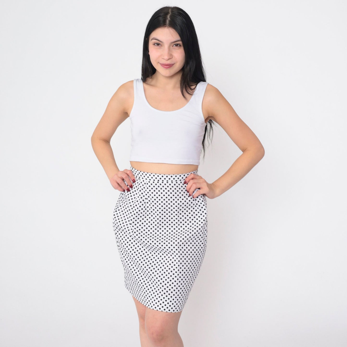 70s Polka Dot Mini Skirt High Waist Pencil Cut White Black Small
