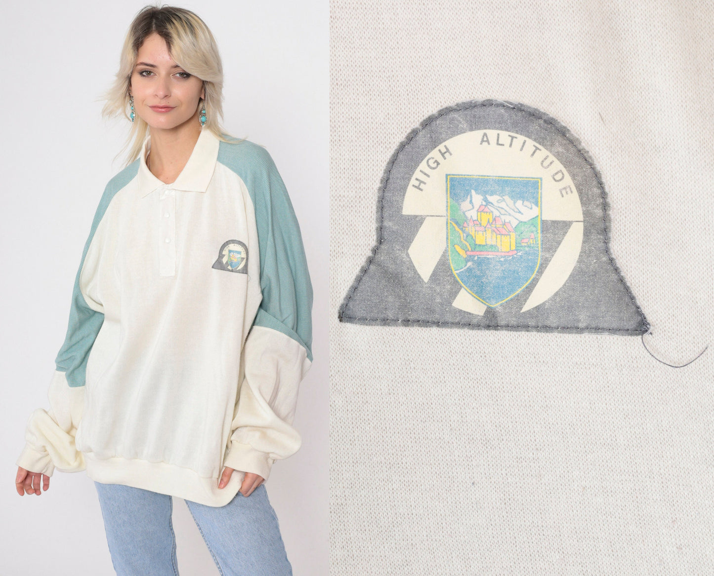 80s High Altitude Castle Mountain Raglan Sweatshirt Cream Striped Sleeve XXL