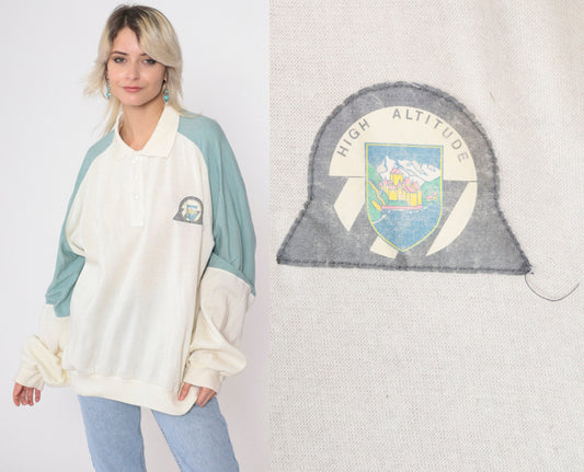 80s High Altitude Castle Mountain Raglan Sweatshirt Cream Striped Sleeve XXL
