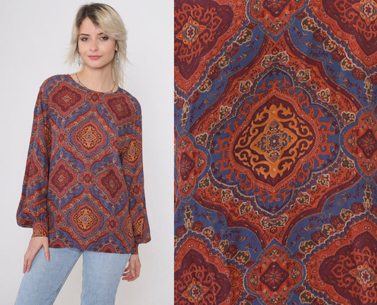 90s Liz Claiborne Geometric Print Blouse Back Button Long Sleeve Small 6