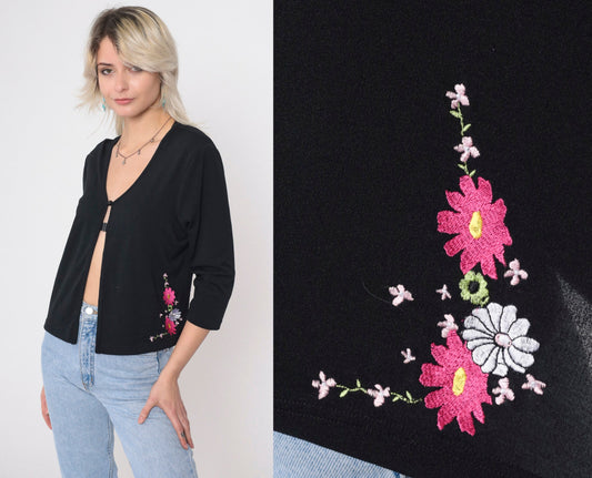 90s Sheri Martin Floral Embroidered Cardigan Black Pink Button Chest Small