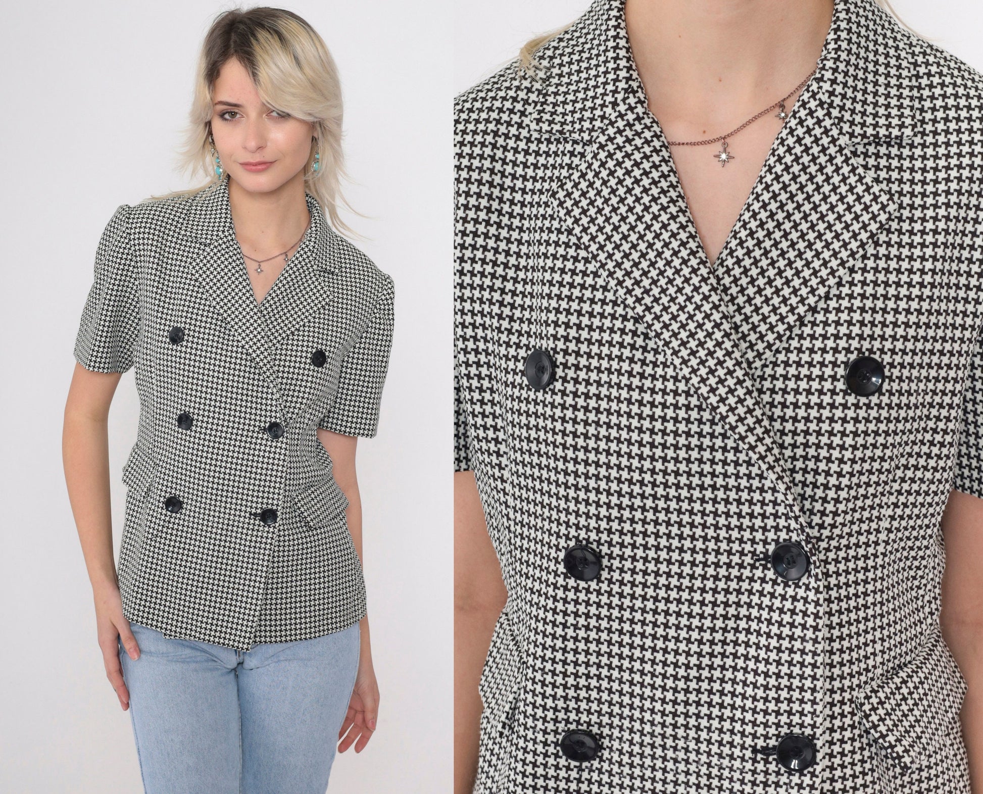 90s Houndstooth Double Breasted Blouse Black White Checkered Button Up Small