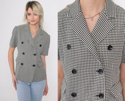 90s Houndstooth Double Breasted Blouse Black White Checkered Button Up Small