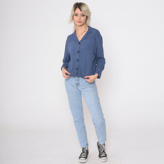 90s Blue Button Up Blouse Asian Chop Stamp Print Textured Yoke Small
