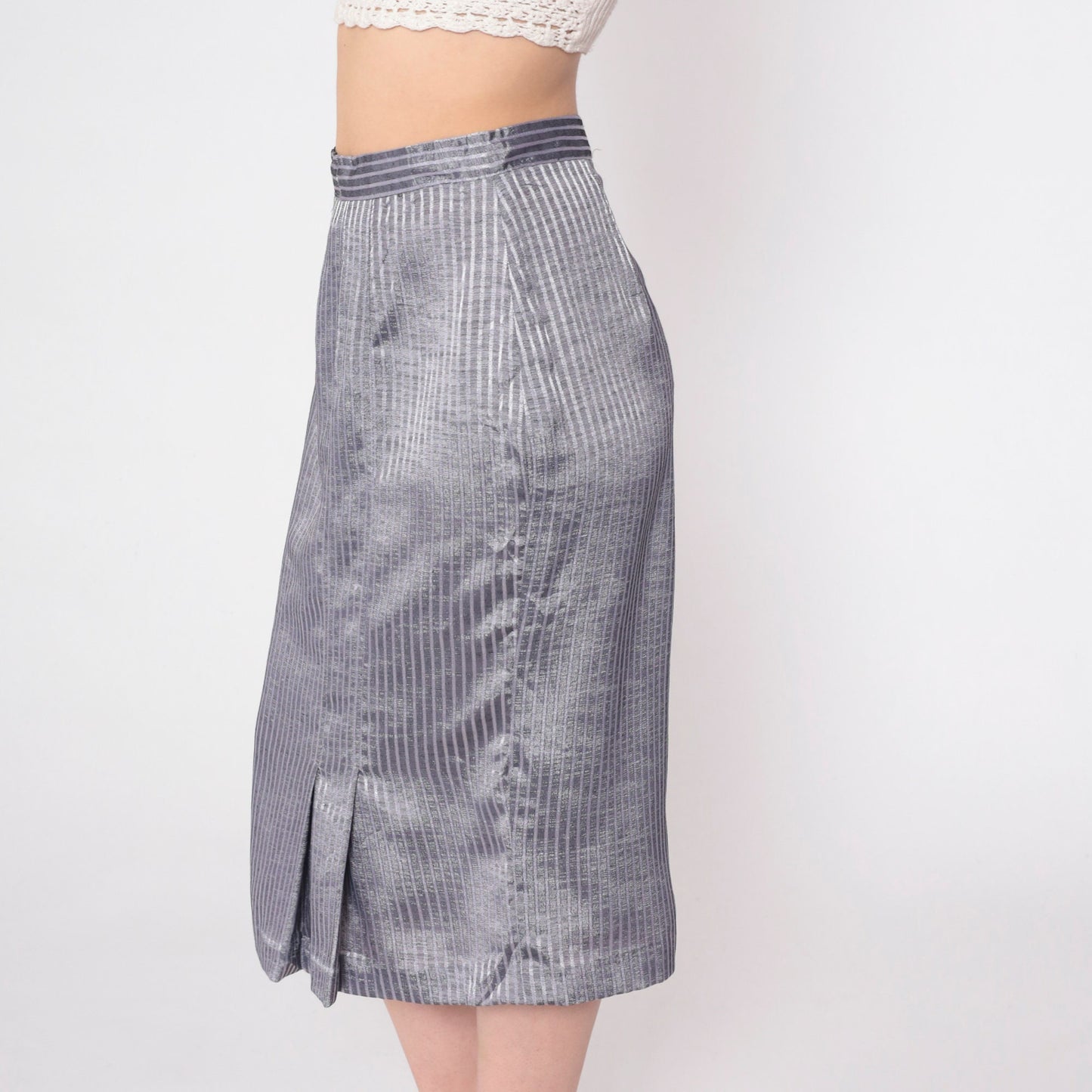 70s Pinstriped Grey Midi Pencil Skirt High Waisted Pleated Small