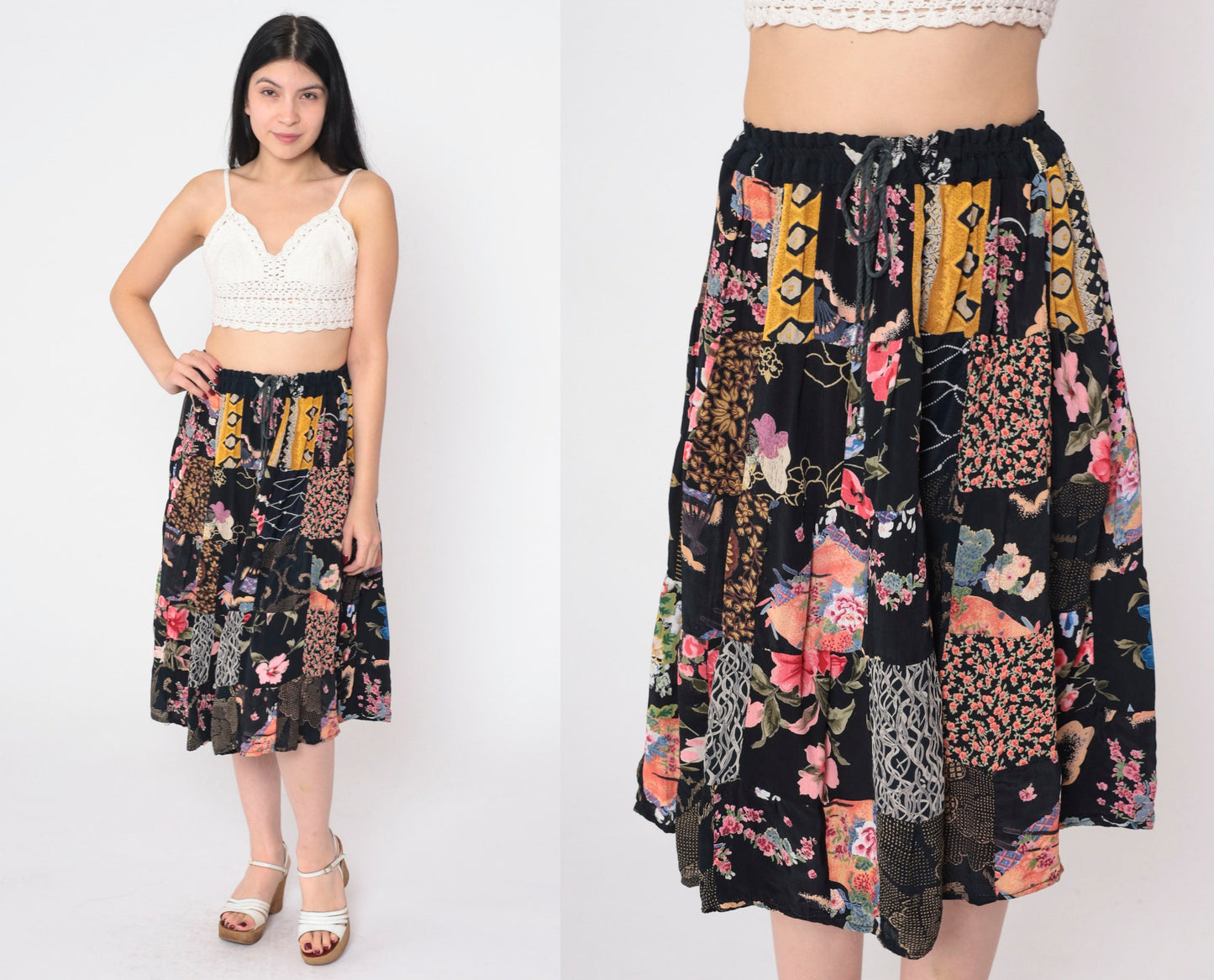 90s Black Floral Patchwork Midi Skirt Drawstring Waist One Size