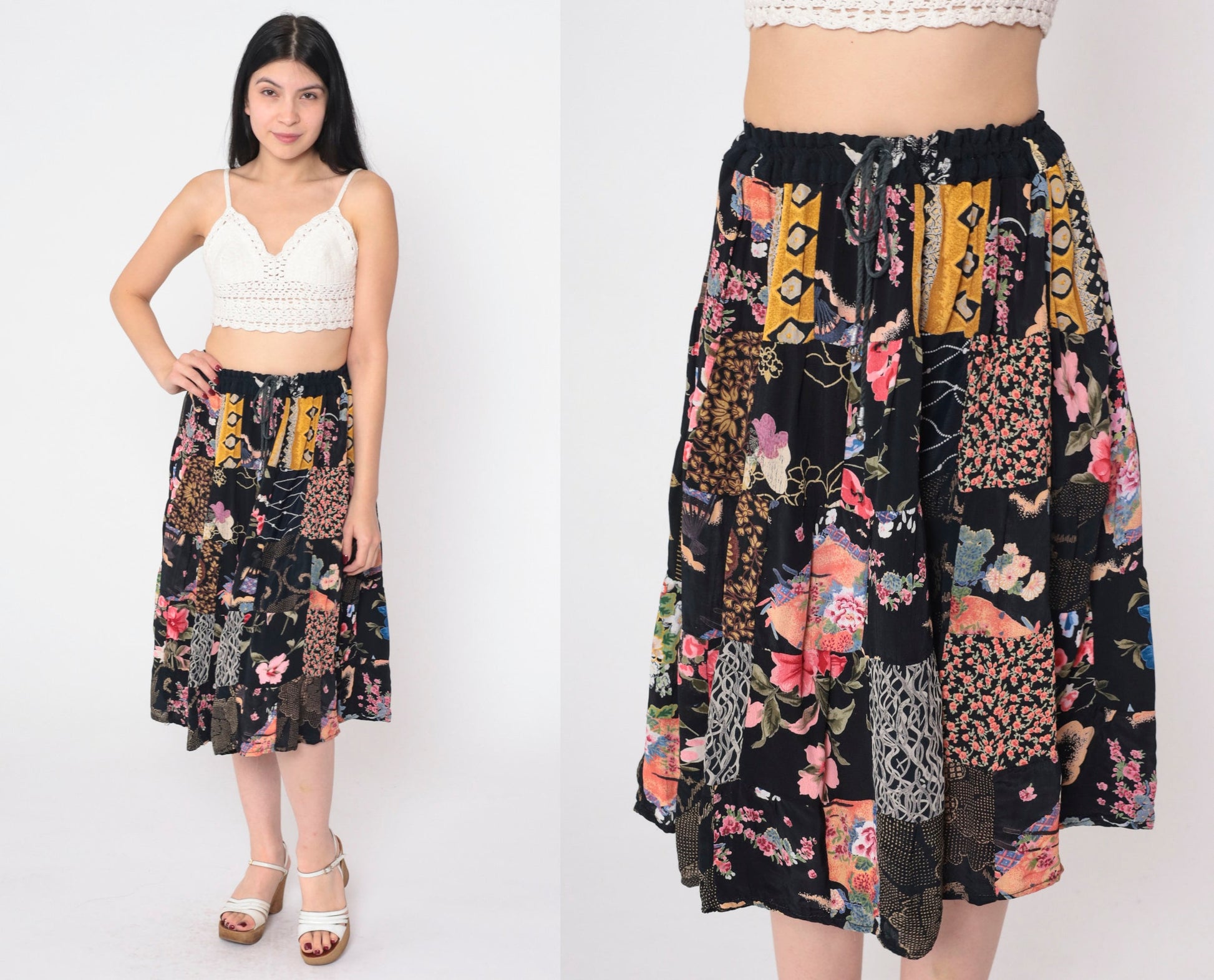 90s Black Floral Patchwork Midi Skirt Drawstring Waist One Size