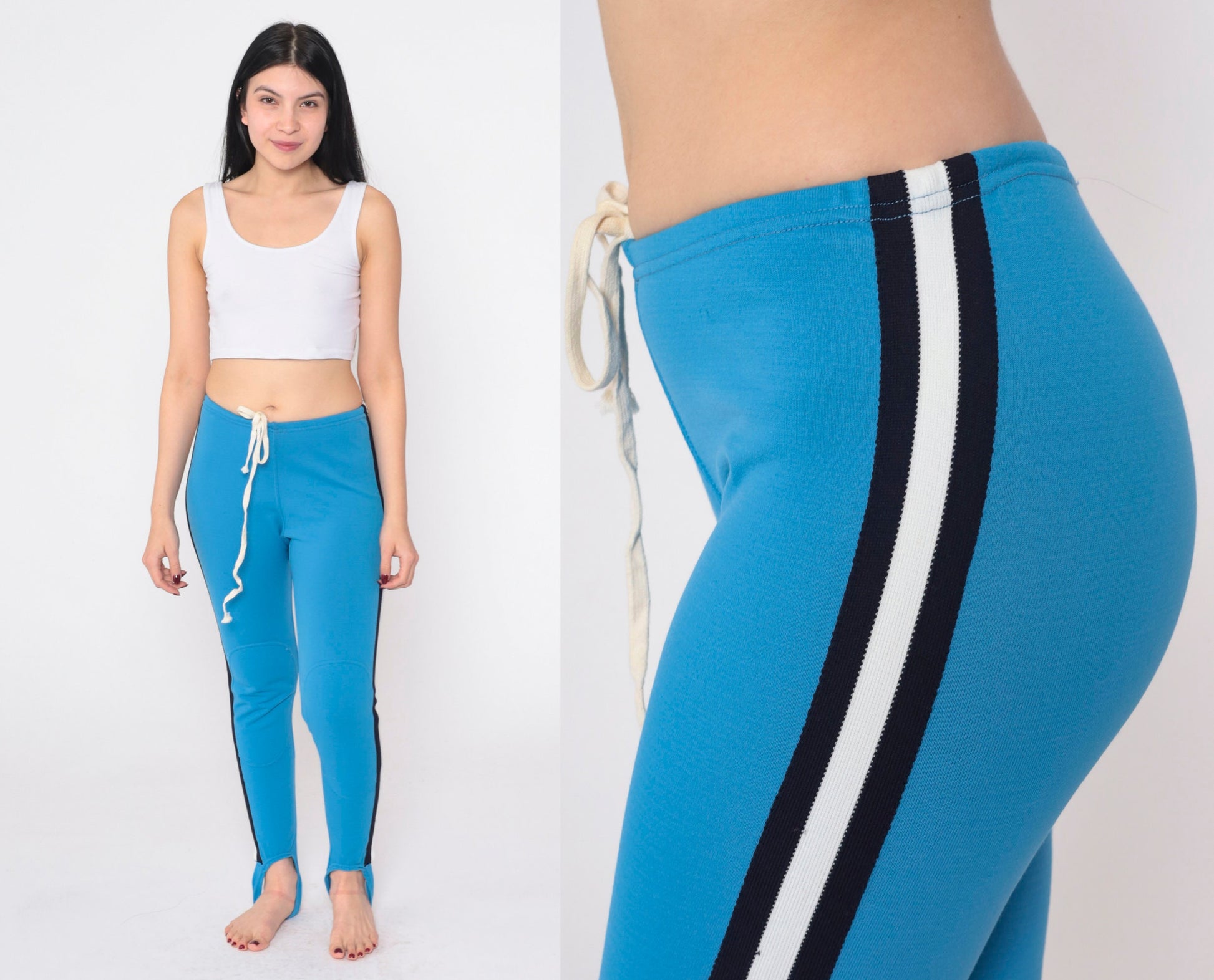 80s Blue Striped Stirrup Pants High Waist Tapered Leg Small