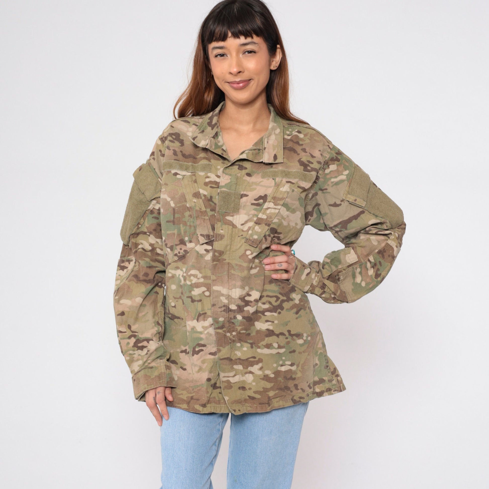 90s US Army Camouflage Jacket Velcro Patch Utility Zip Green Medium Long