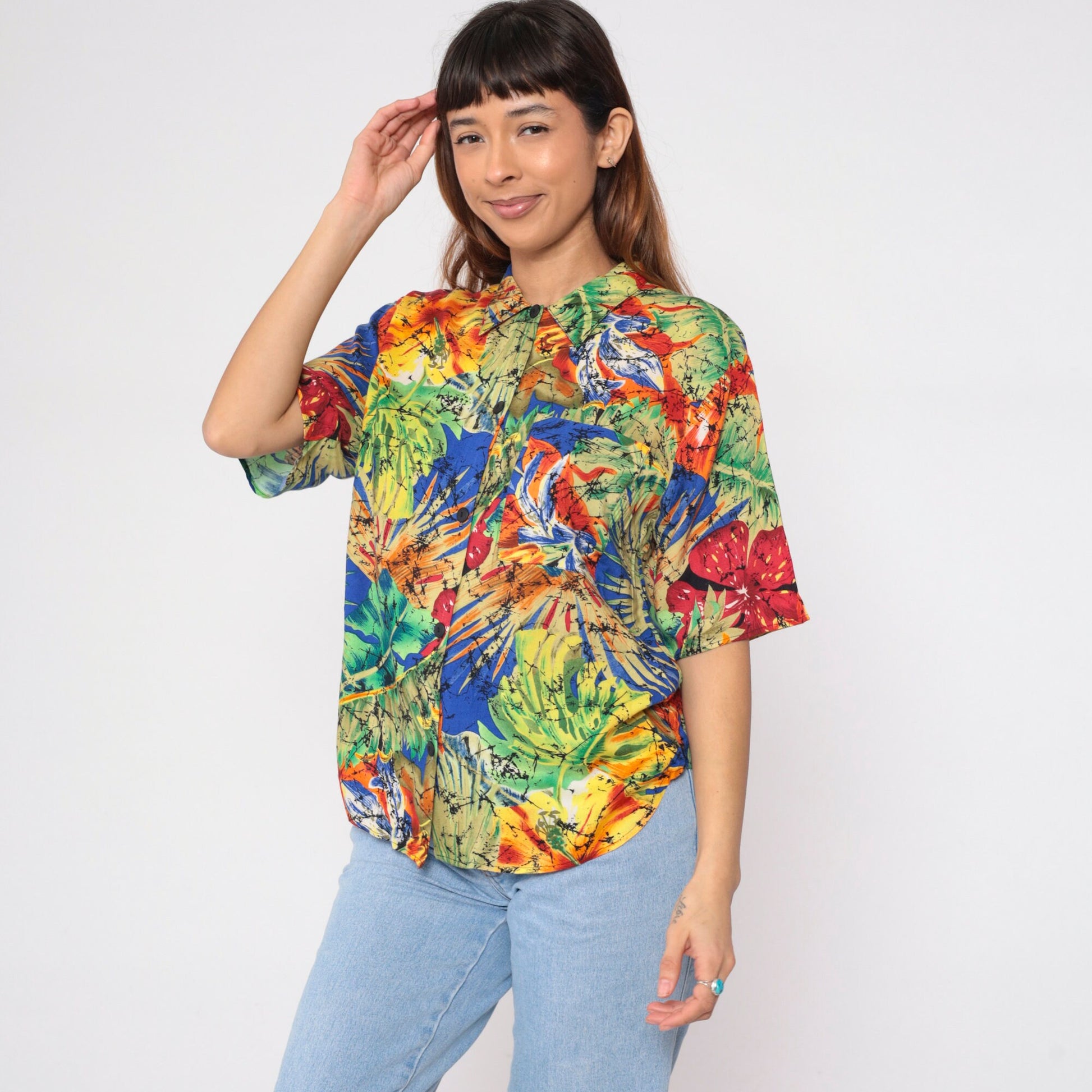 90s Tropical Floral Button-Up Blouse Red Black Marbled Print Short Sleeve Small