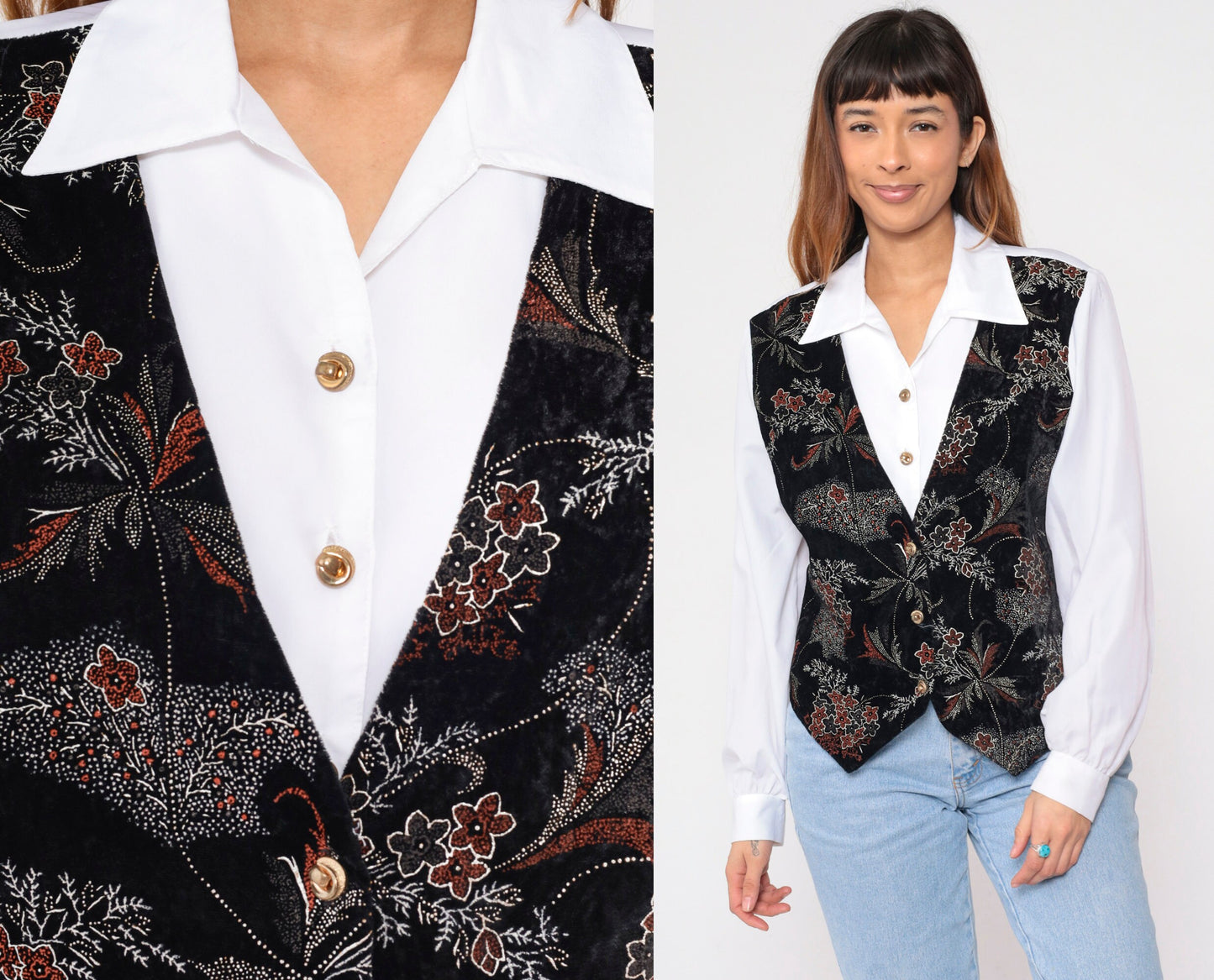 90s Joanna White Button-Up Blouse Black Floral Attached Vest Long Sleeve Large L