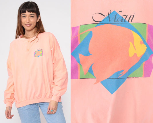 90s Crazy Shirts Maui Tropical Fish Henley Sweatshirt Peach Pink Extra Large XXL