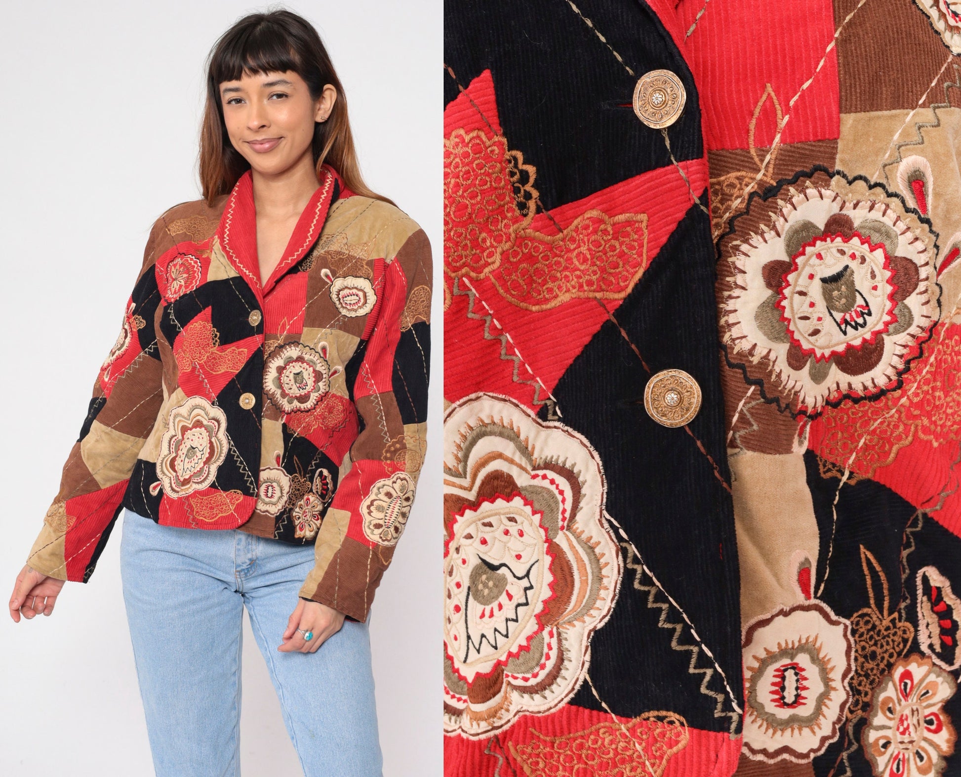 90s Patchwork Corduroy Blazer Floral Embroidered Button-Up Jacket Large L